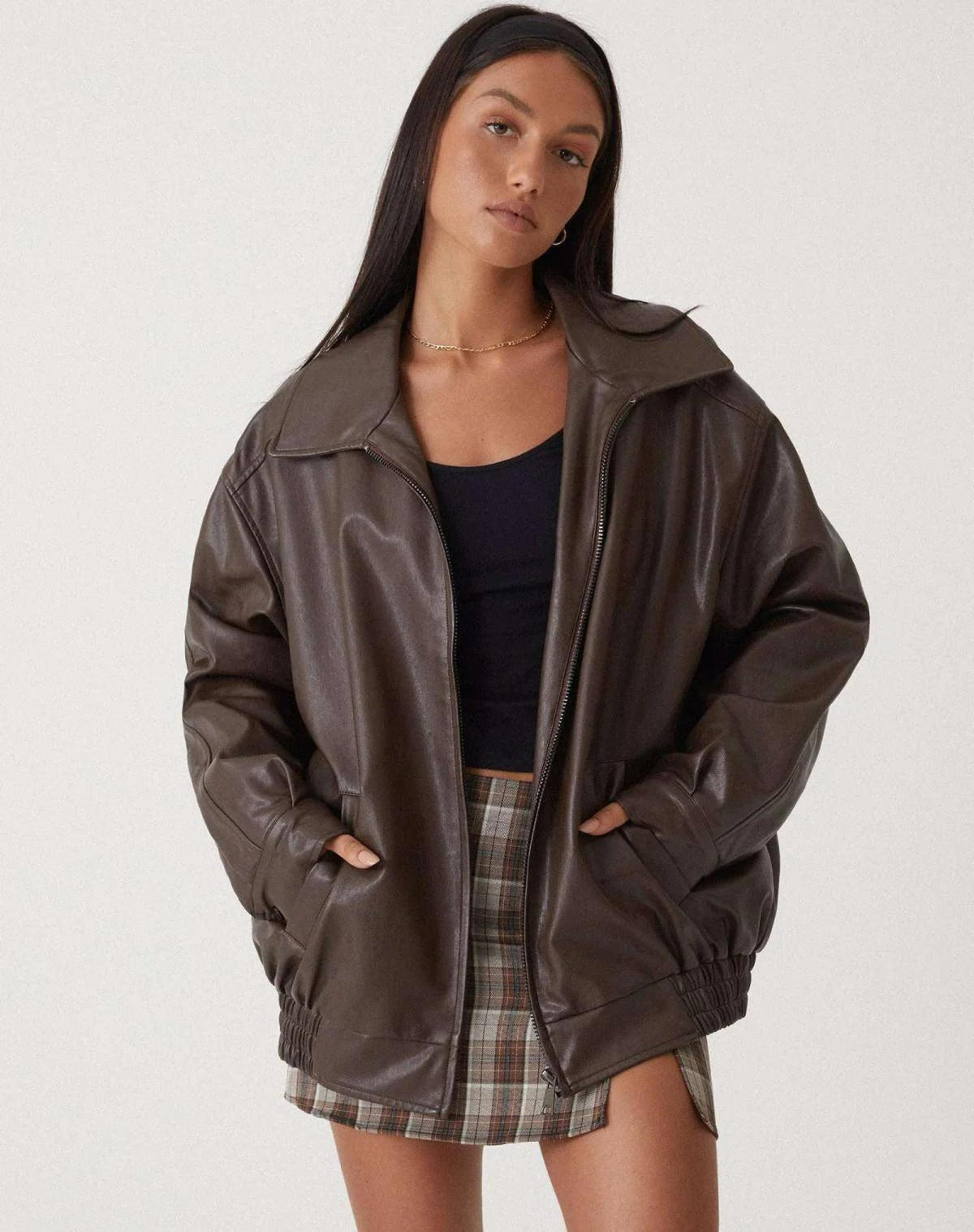 Oversized Faux Leather Bomber Jacket with Zip Closure 0