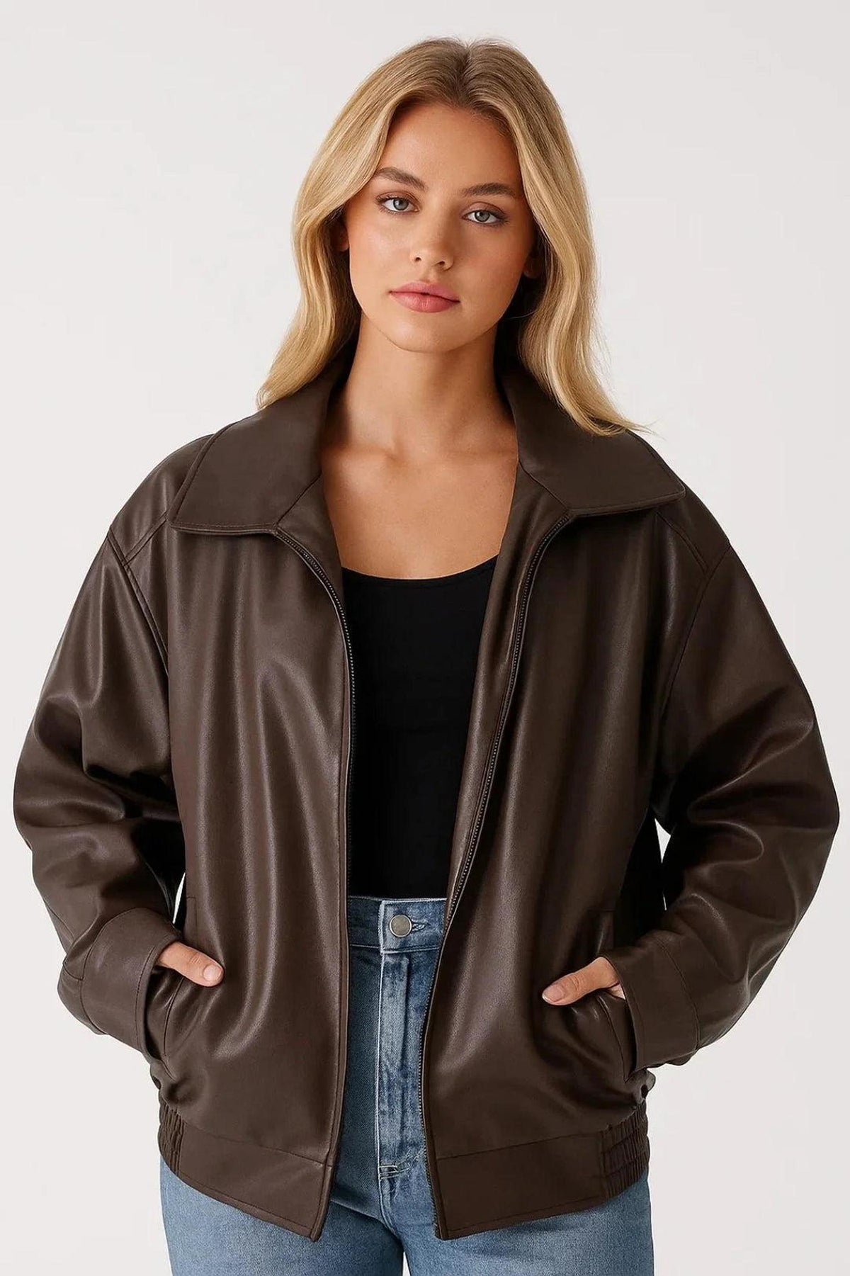 Oversized Faux Leather Bomber Jacket with Zip Closure 0