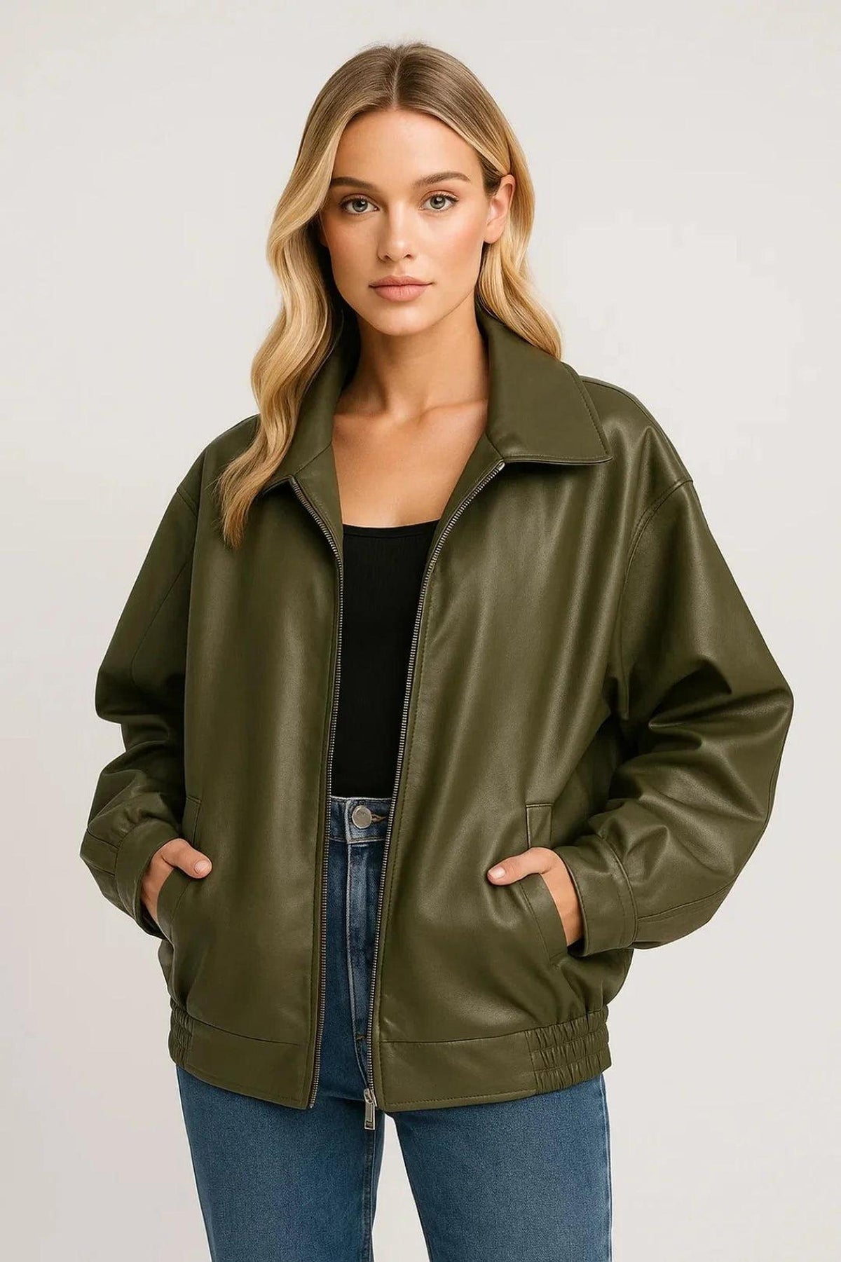 Oversized Faux Leather Bomber Jacket with Zip Closure 3