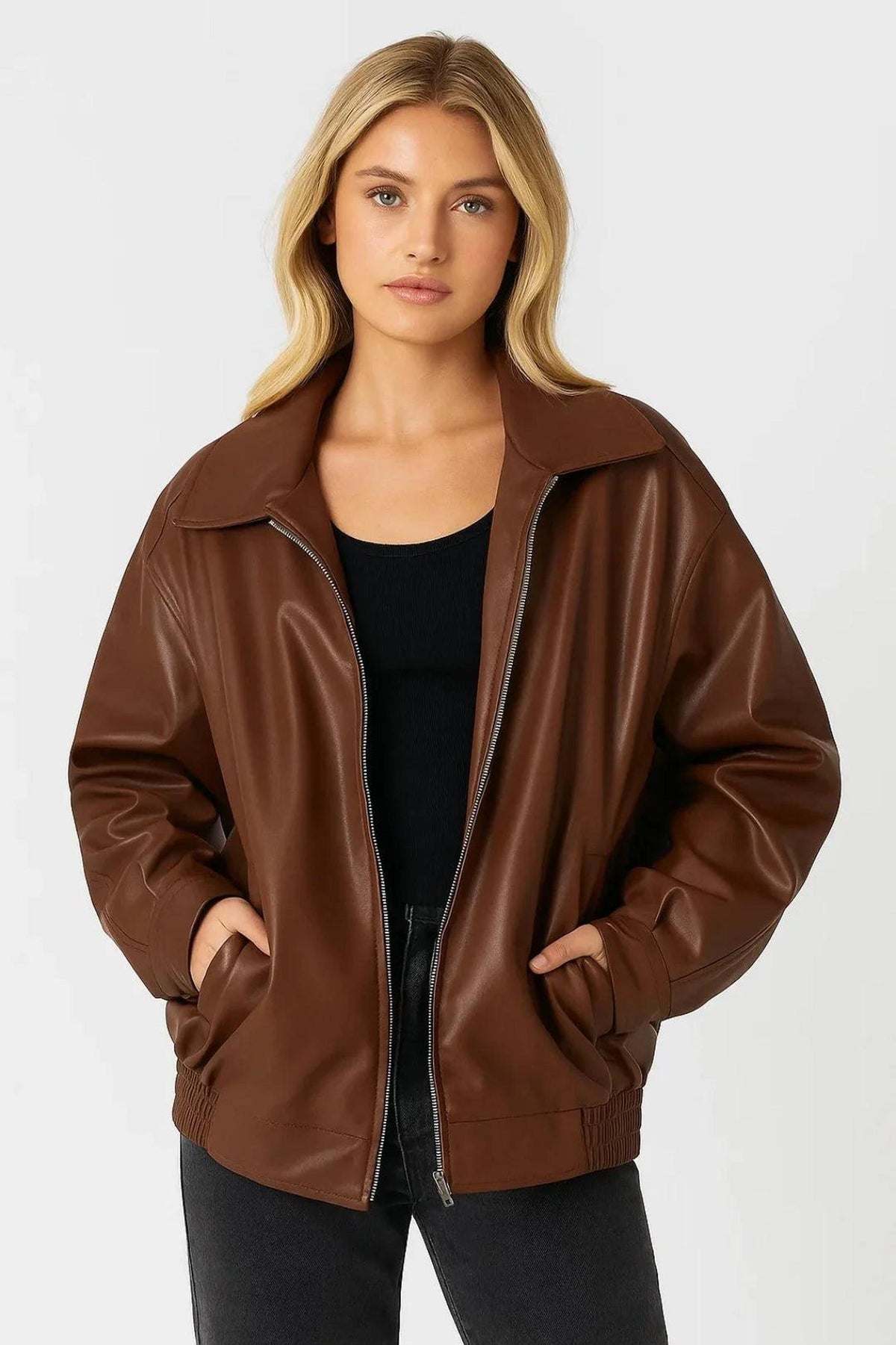 Oversized Faux Leather Bomber Jacket with Zip Closure 2