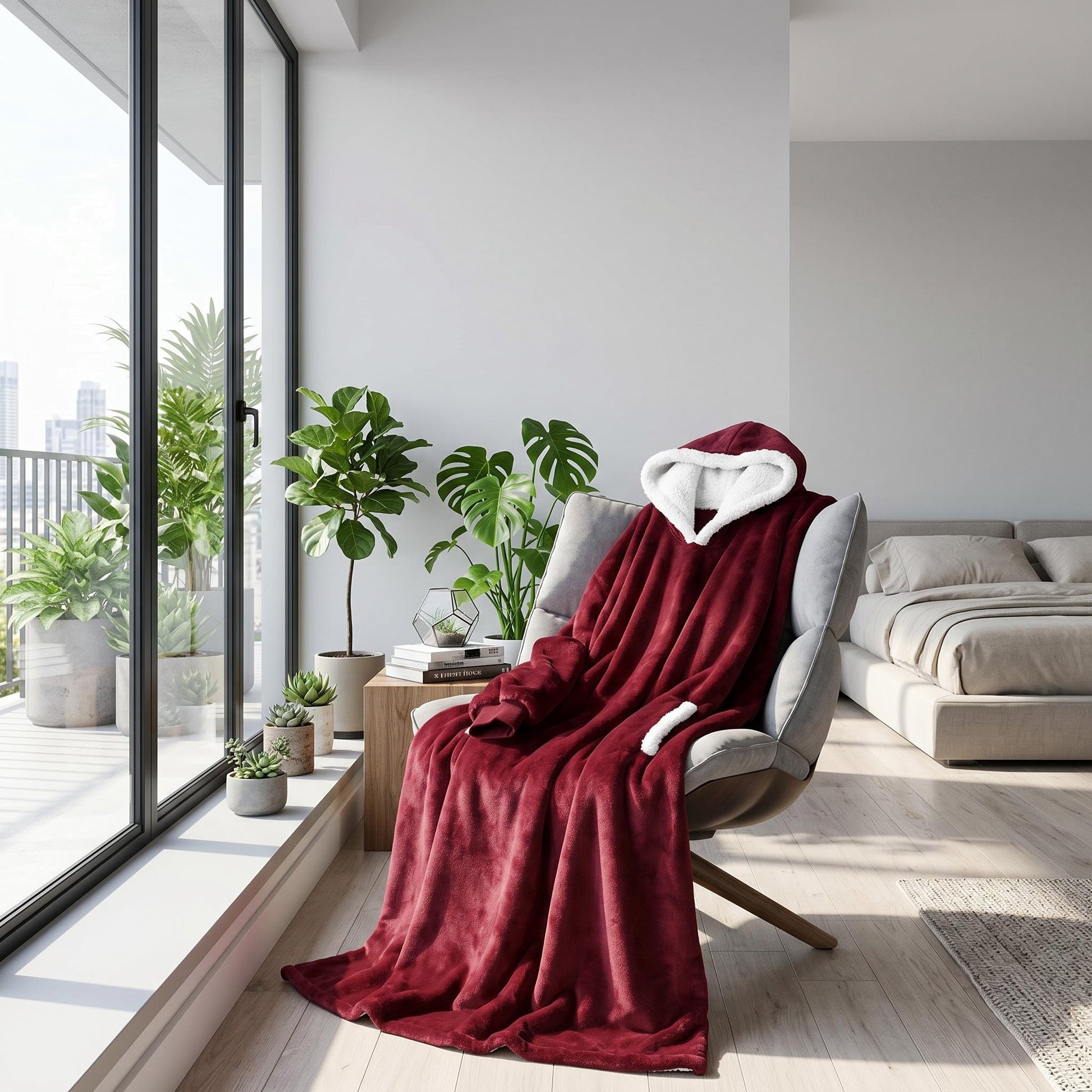 Oversized maroon hooded blanket with white sherpa lining and front pocket draped over a chair.