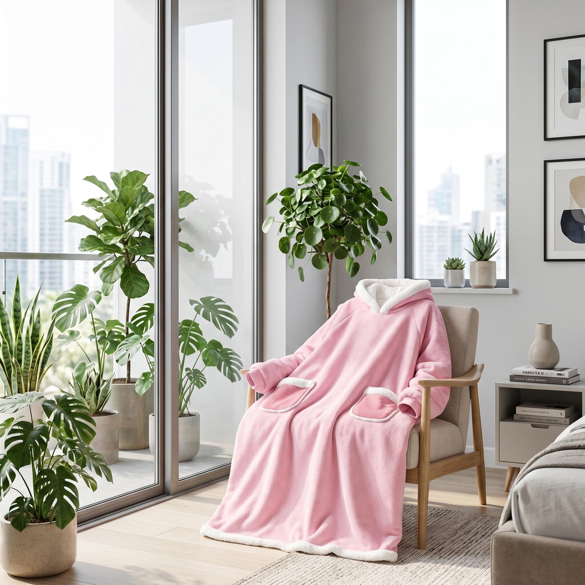 Pink oversized hooded blanket with white sherpa lining and front pockets draped over an armchair.