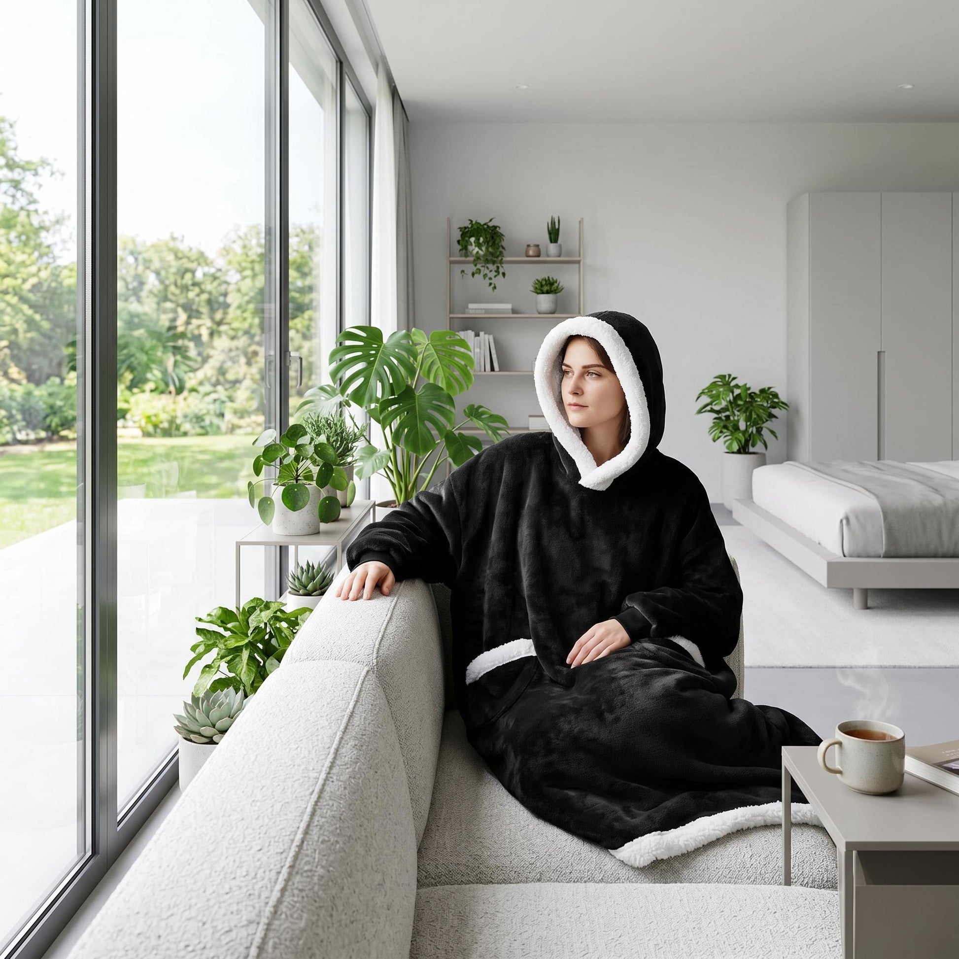 Woman in a black oversized hooded blanket with white sherpa lining, sitting on a sofa looking out a window.