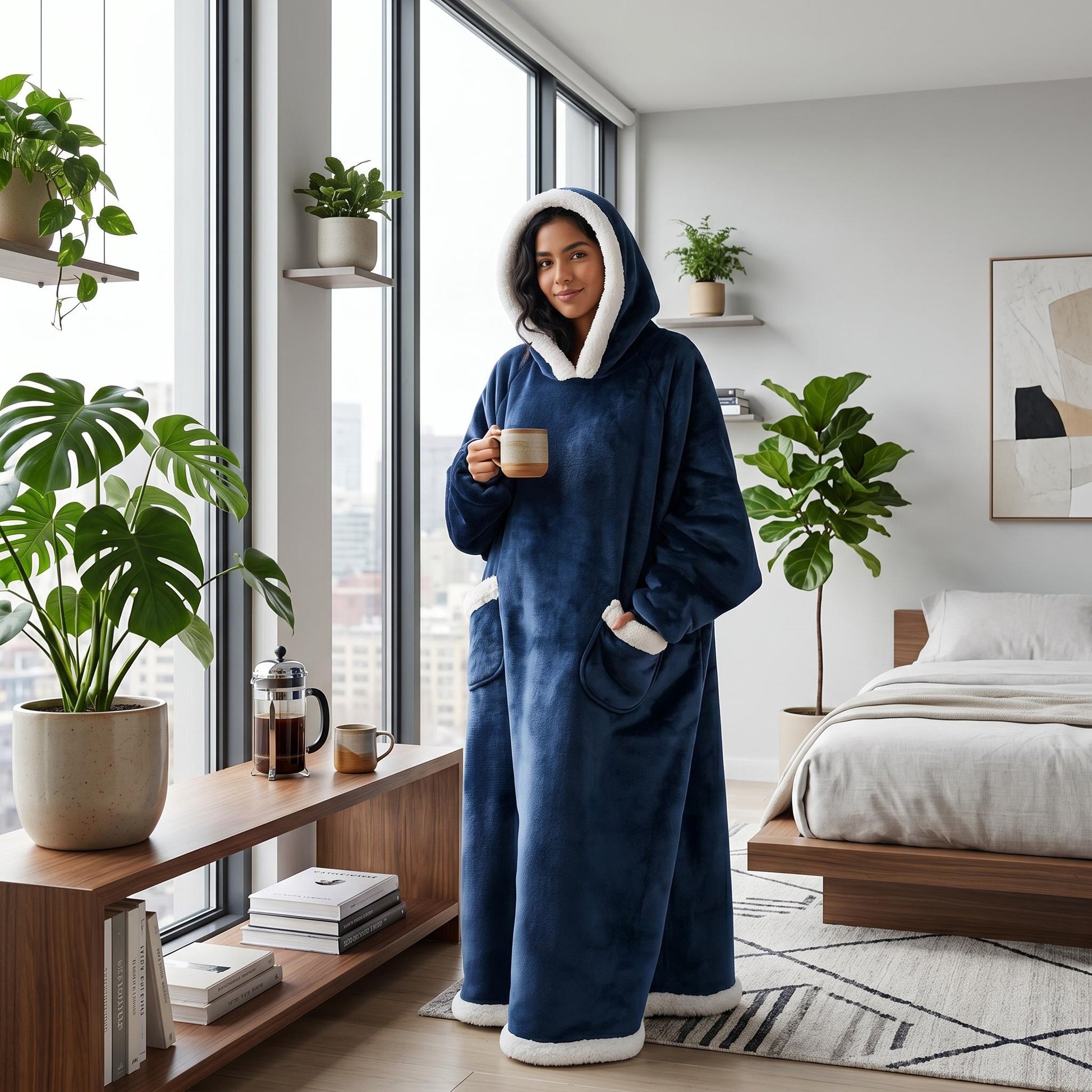 Woman in a long, oversized navy blue hooded blanket with white sherpa lining, holding a mug in a modern room.