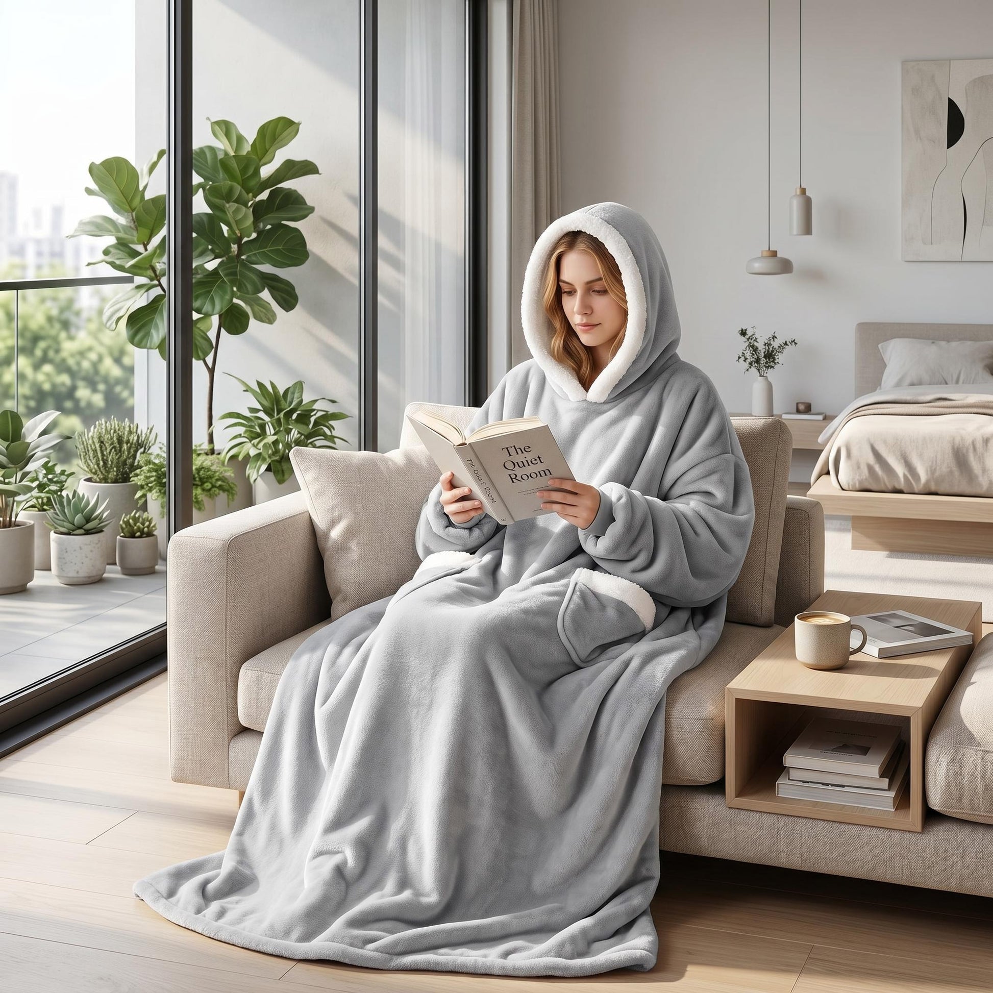 Woman in a cozy, oversized gray hooded blanket with white sherpa lining, reading on a sofa.
