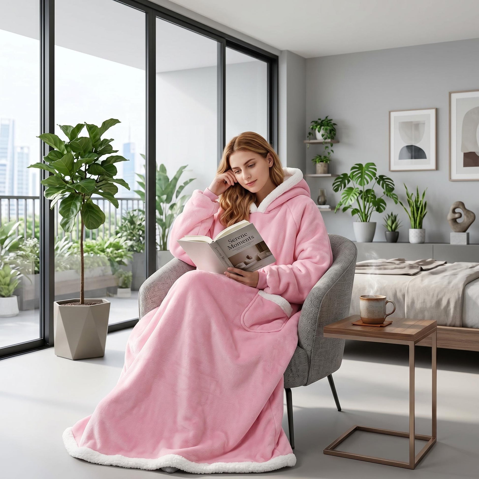 Woman relaxing in a pink oversized hooded blanket with a front pocket, reading a book in a modern living space.