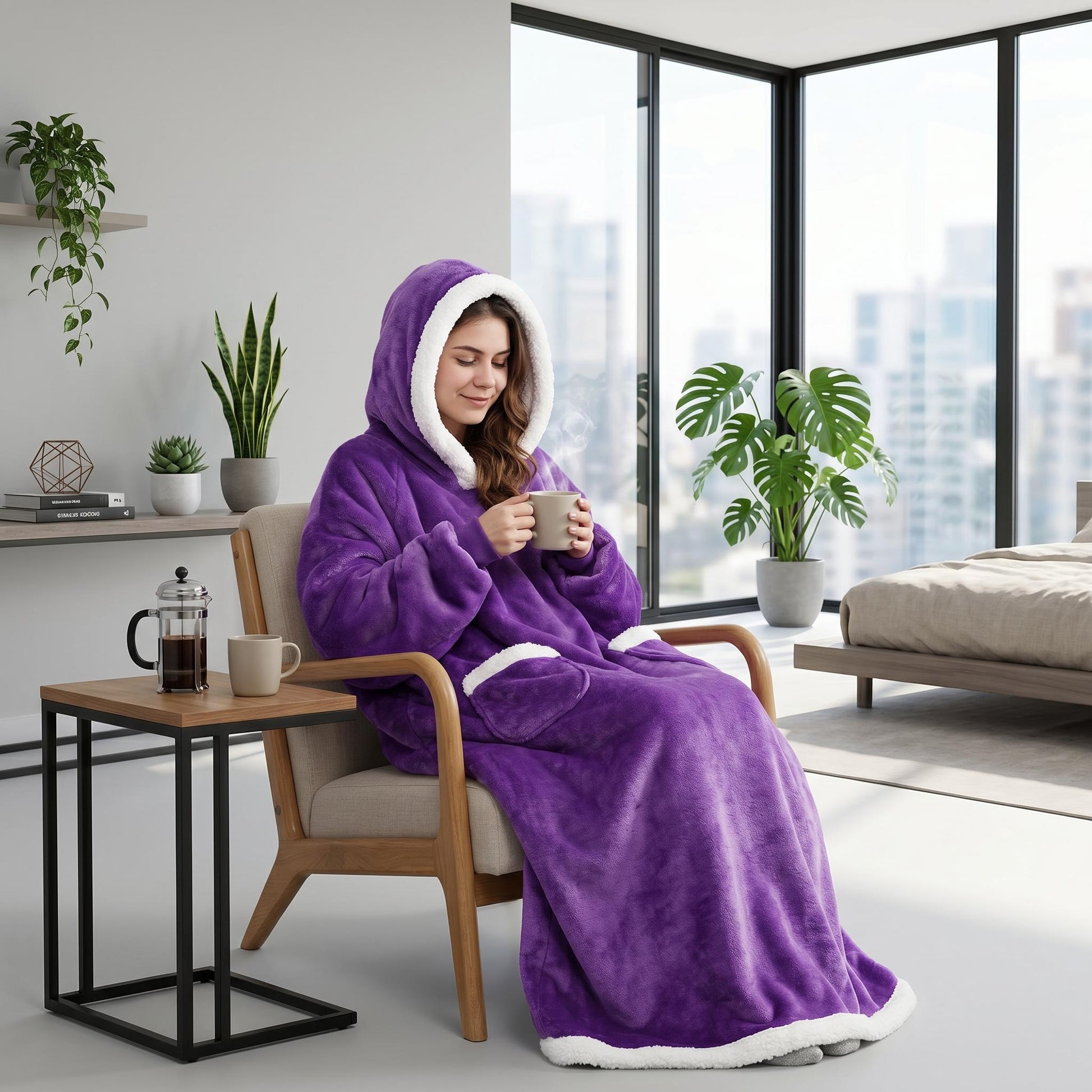 Cozy woman in a soft, oversized purple hooded blanket with white sherpa lining, holding a mug in a modern room.