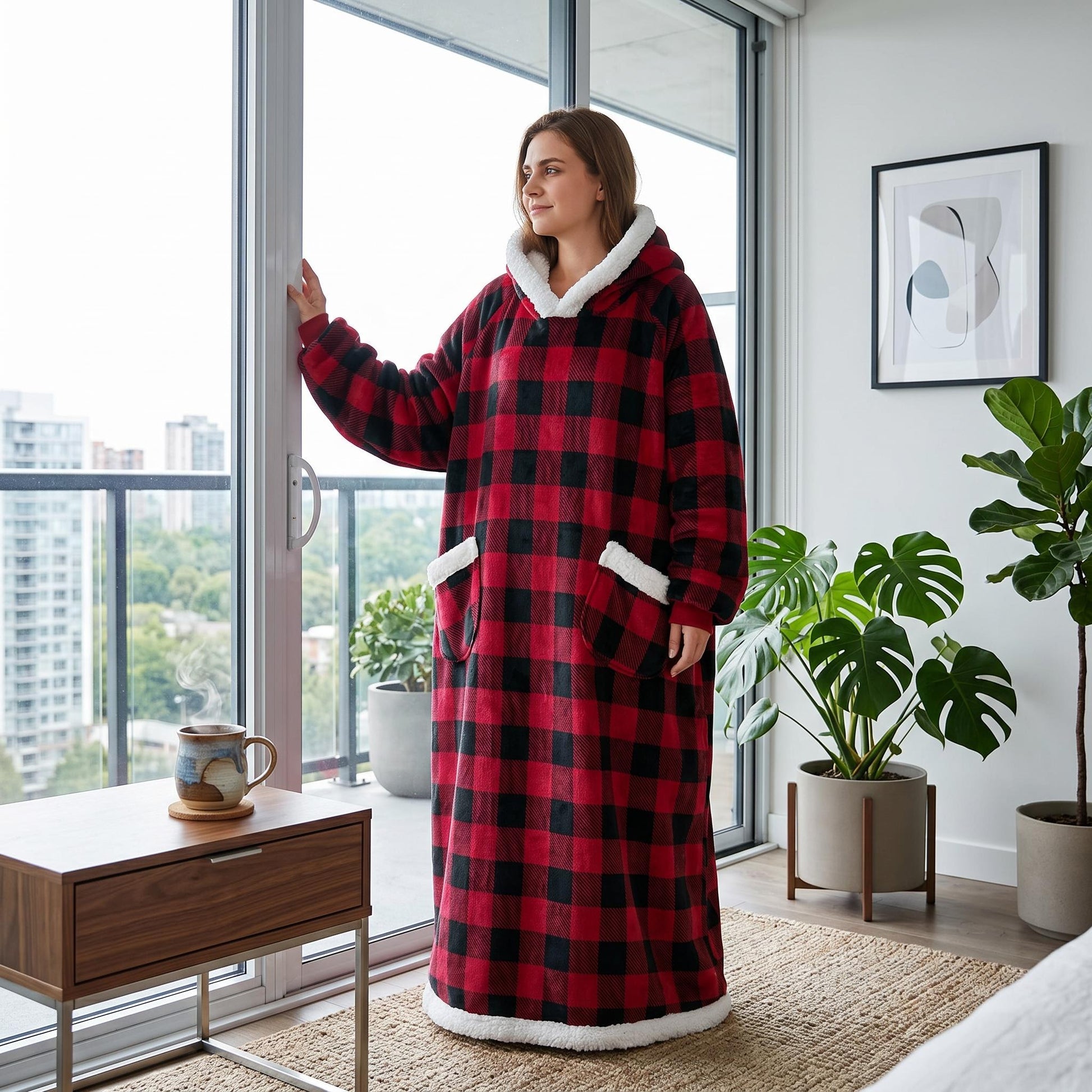 Woman in a long, oversized red and black plaid hooded blanket with white sherpa lining and front pockets.