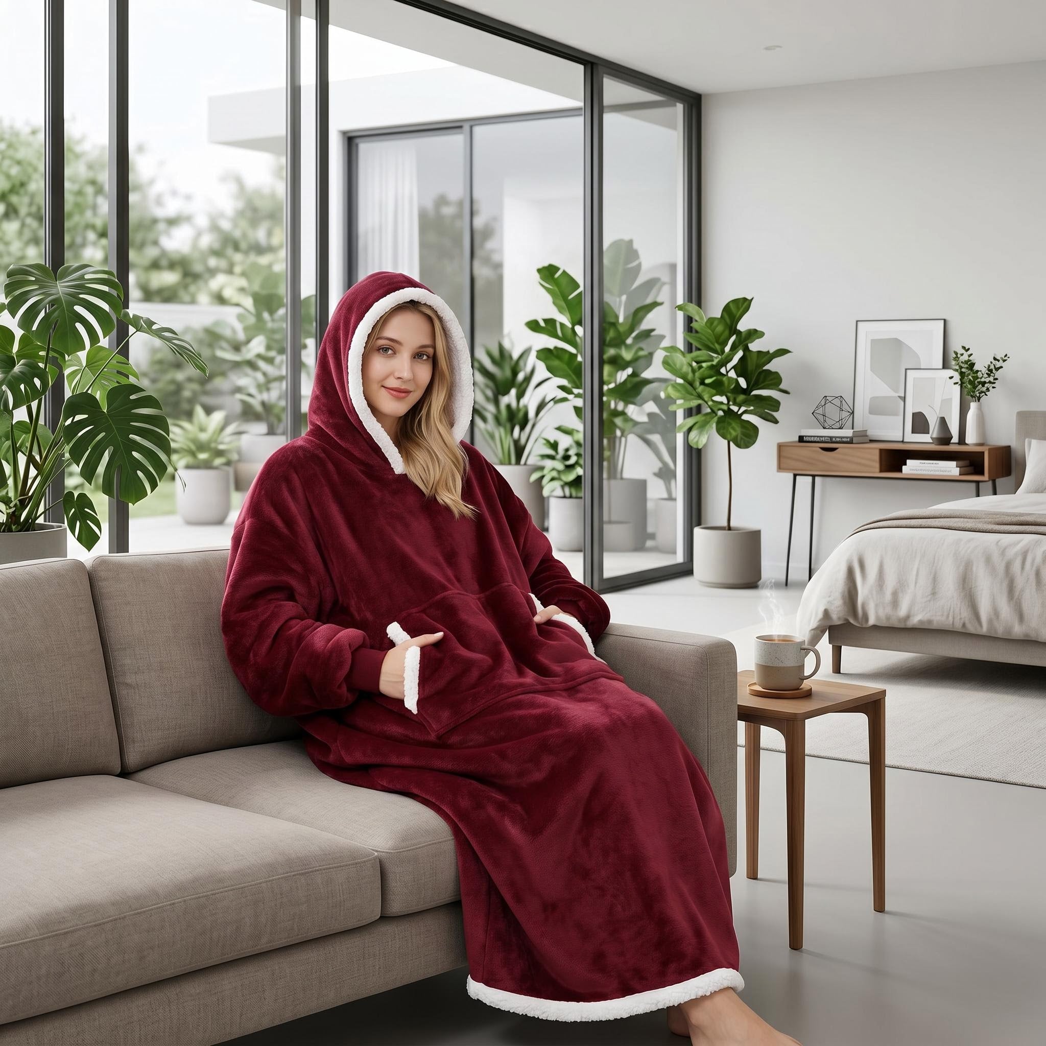 Woman wearing a long, oversized burgundy hooded blanket with white sherpa lining and a front pocket, relaxing on a sofa.
