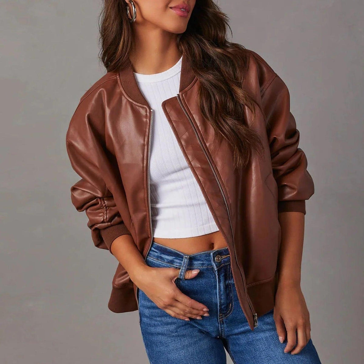 Oversized Leather Bomber Jacket with Ribbed Details 1