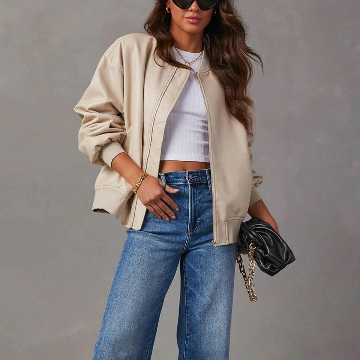 Oversized Leather Bomber Jacket with Ribbed Details 4