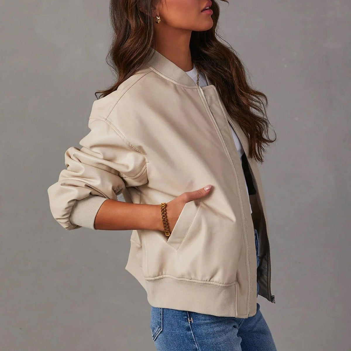 Oversized Leather Bomber Jacket with Ribbed Details 5