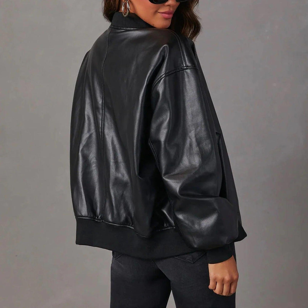 Oversized Leather Bomber Jacket with Ribbed Details 7