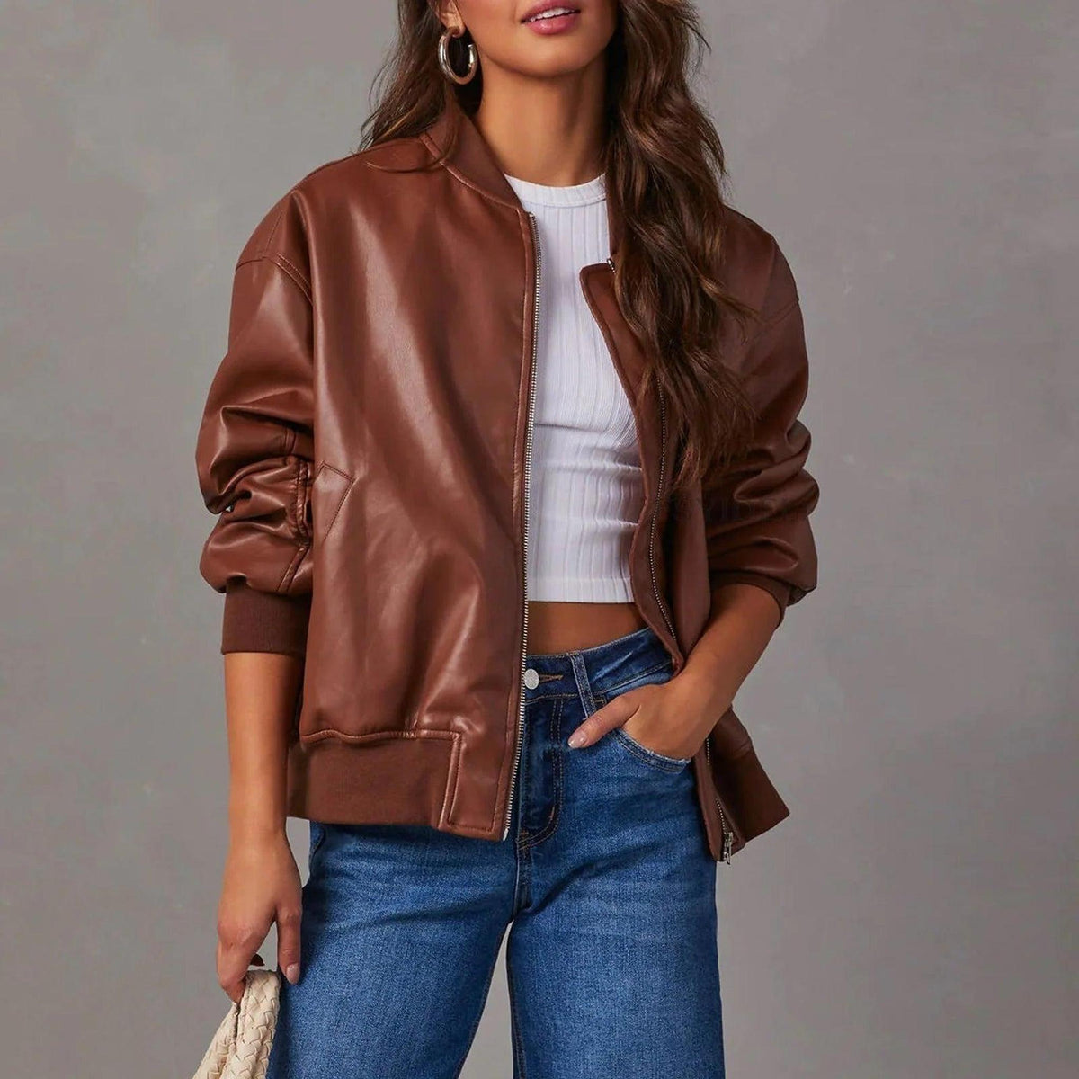 Oversized Leather Bomber Jacket with Ribbed Details 0