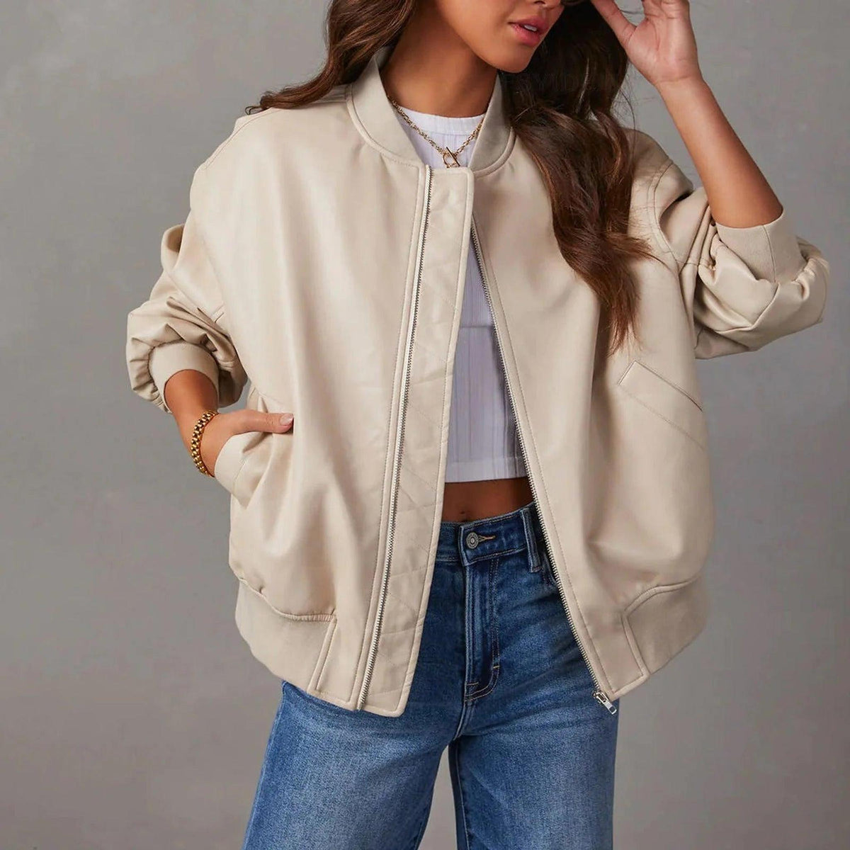 Oversized Leather Bomber Jacket with Ribbed Details 3