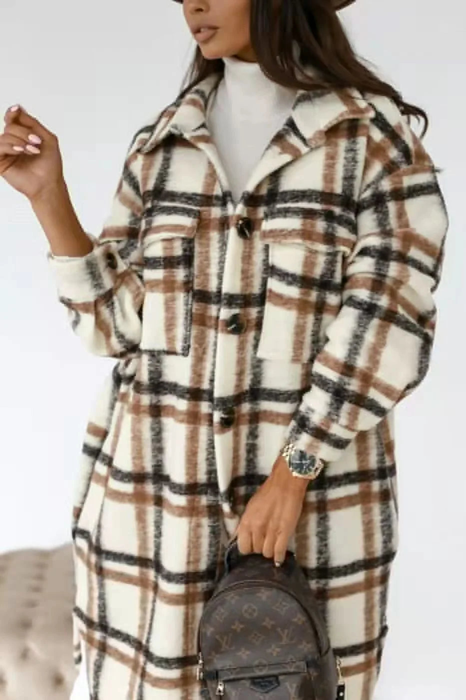Oversized Plaid Shacket for Women with Button Front and Pockets 5