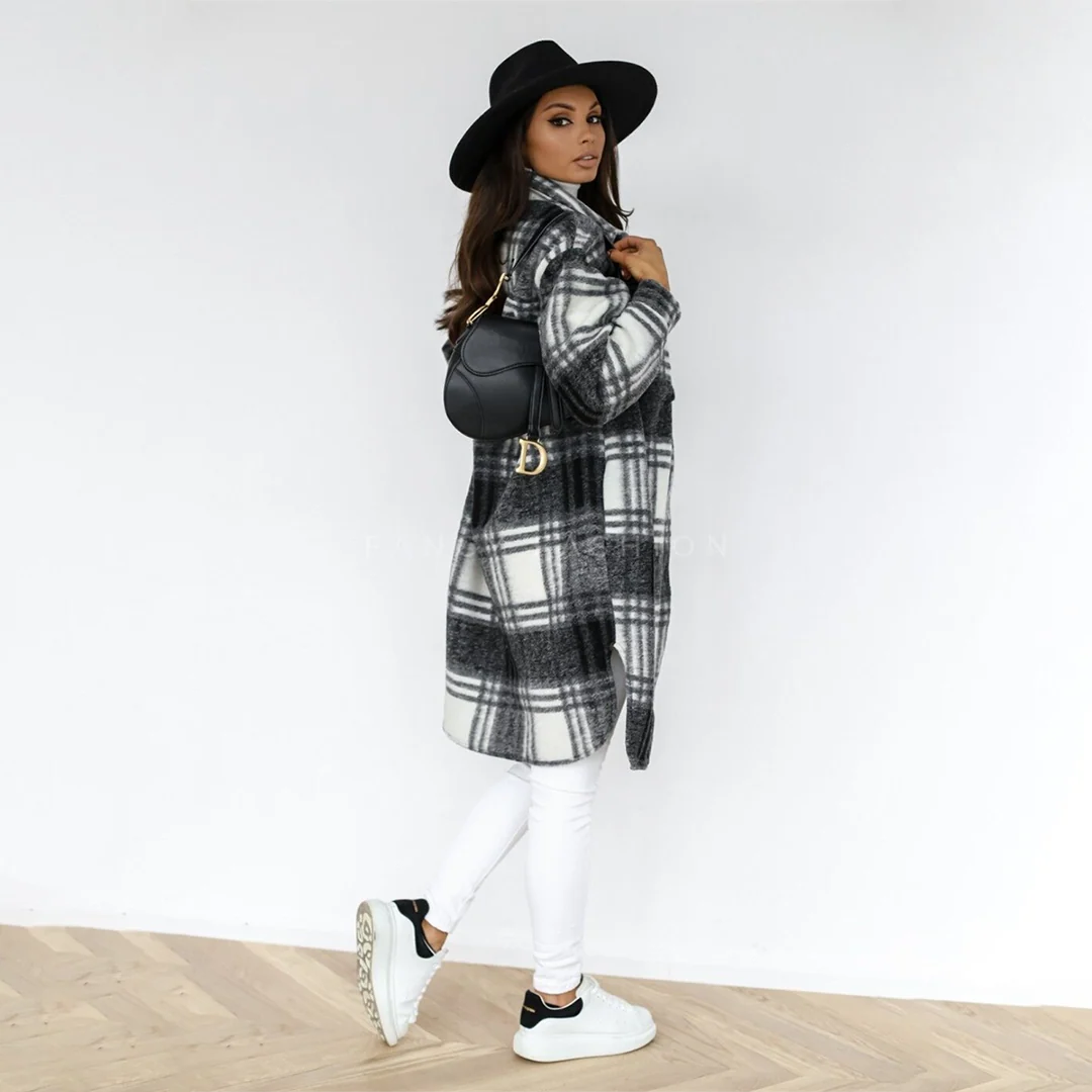 Oversized Plaid Shacket for Women with Button Front and Pockets 4