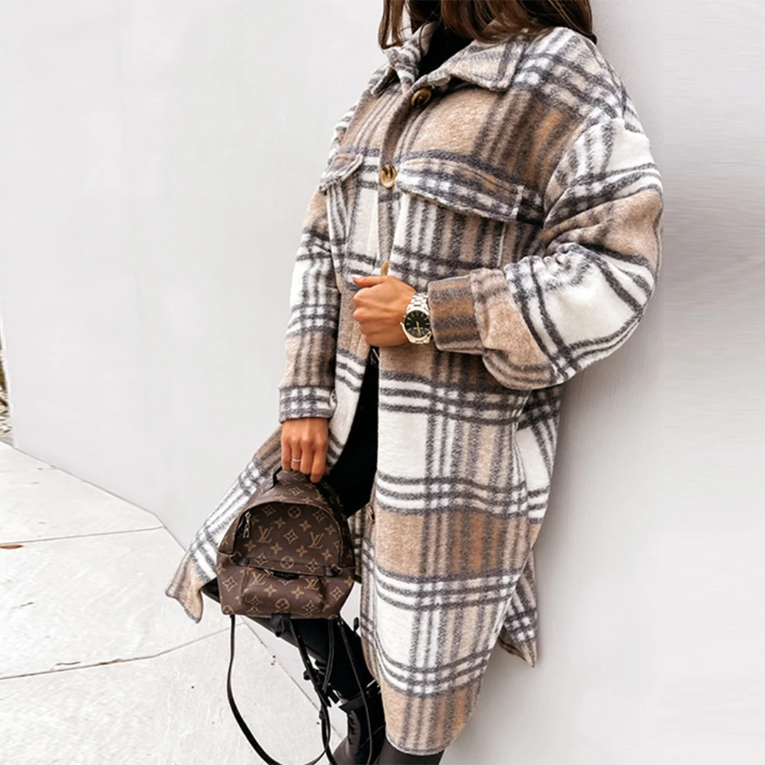 Oversized Plaid Shacket for Women with Button Front and Pockets 0