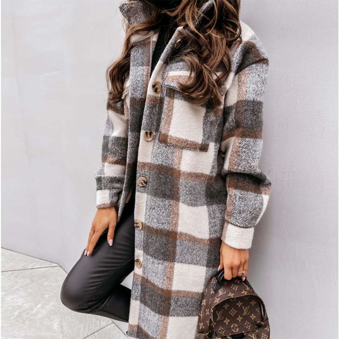 Oversized Plaid Shacket for Women with Button Front and Pockets 1