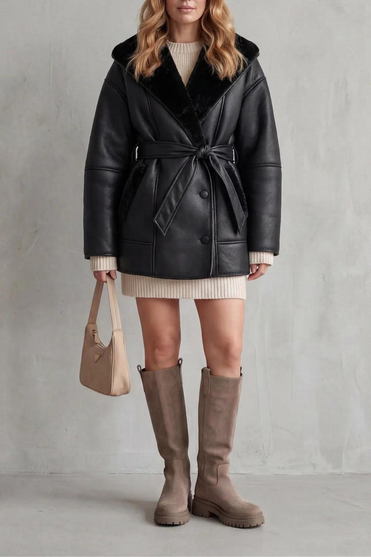 Oversized Vegan Leather Coat with Sherpa Lining 3