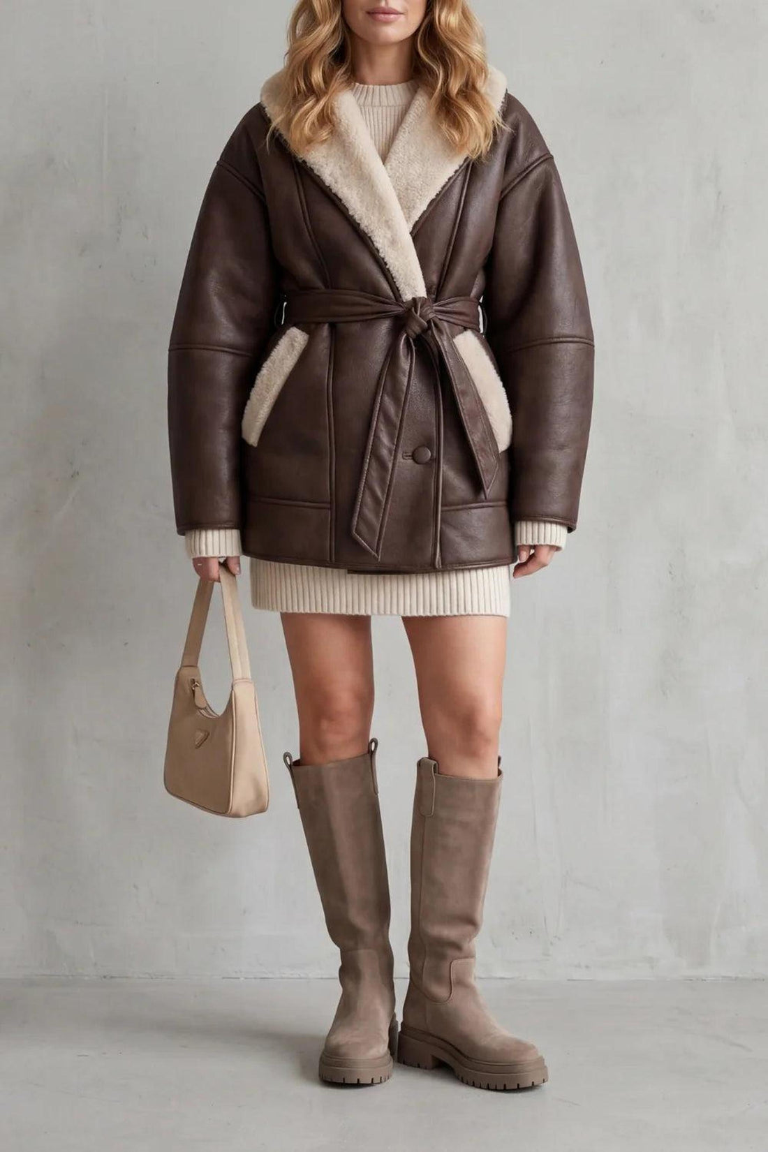 Oversized Vegan Leather Coat with Sherpa Lining 0