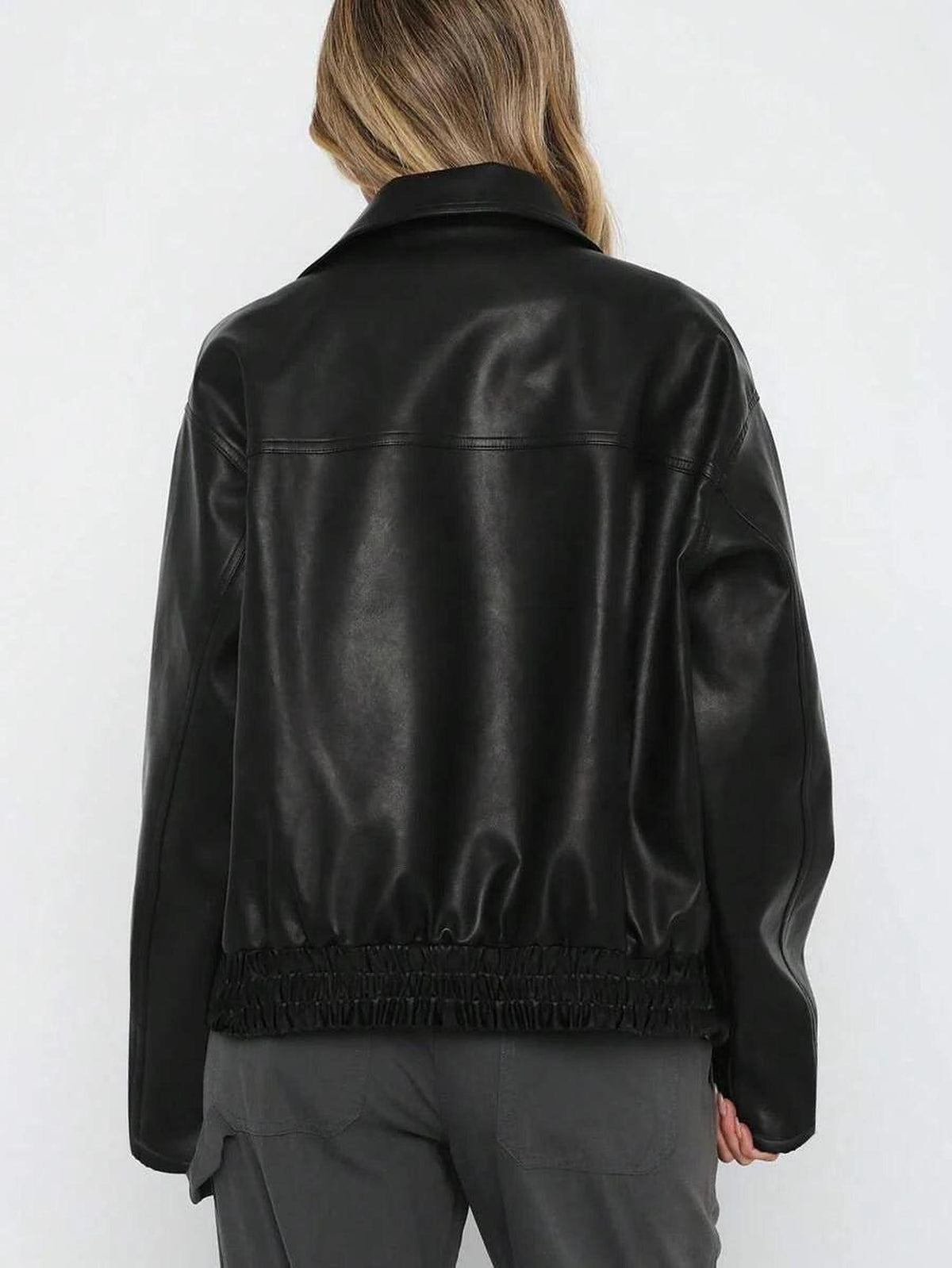 Oversized Vegan Leather Jacket with Gathered Hem 1
