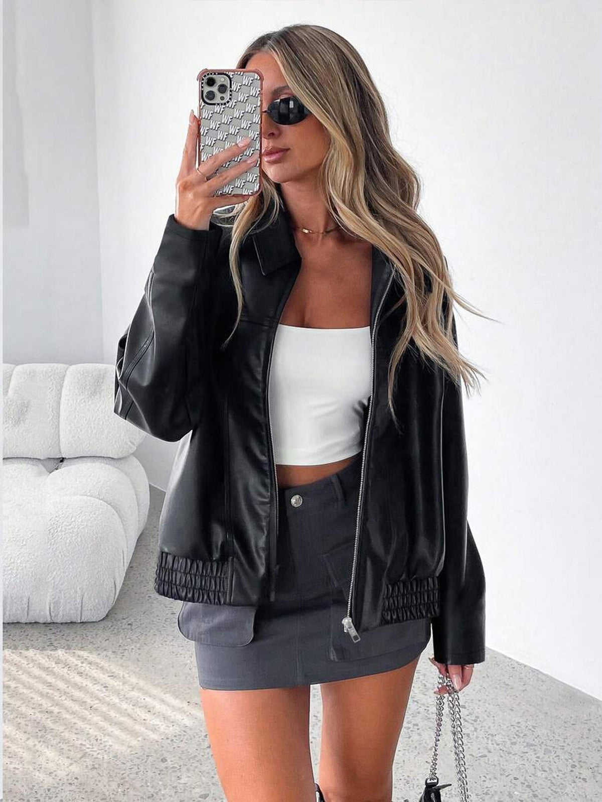 Oversized Vegan Leather Jacket with Gathered Hem 2