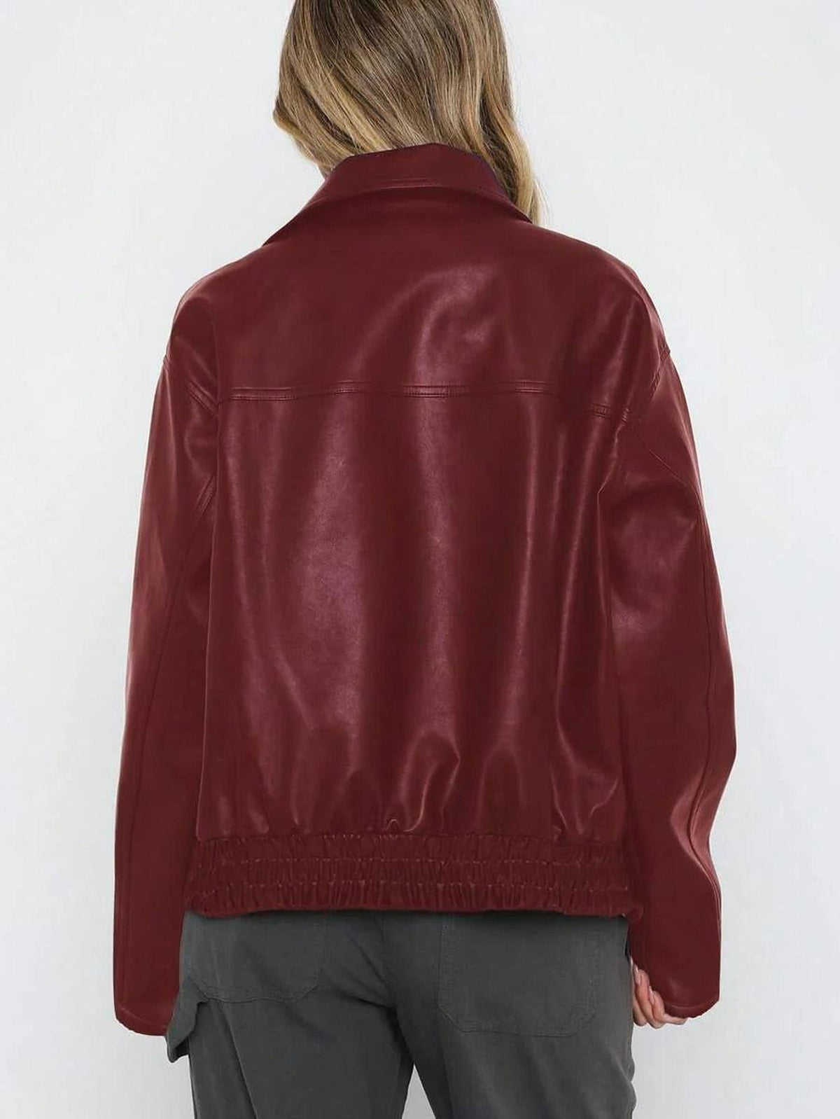 Oversized Vegan Leather Jacket with Gathered Hem 4
