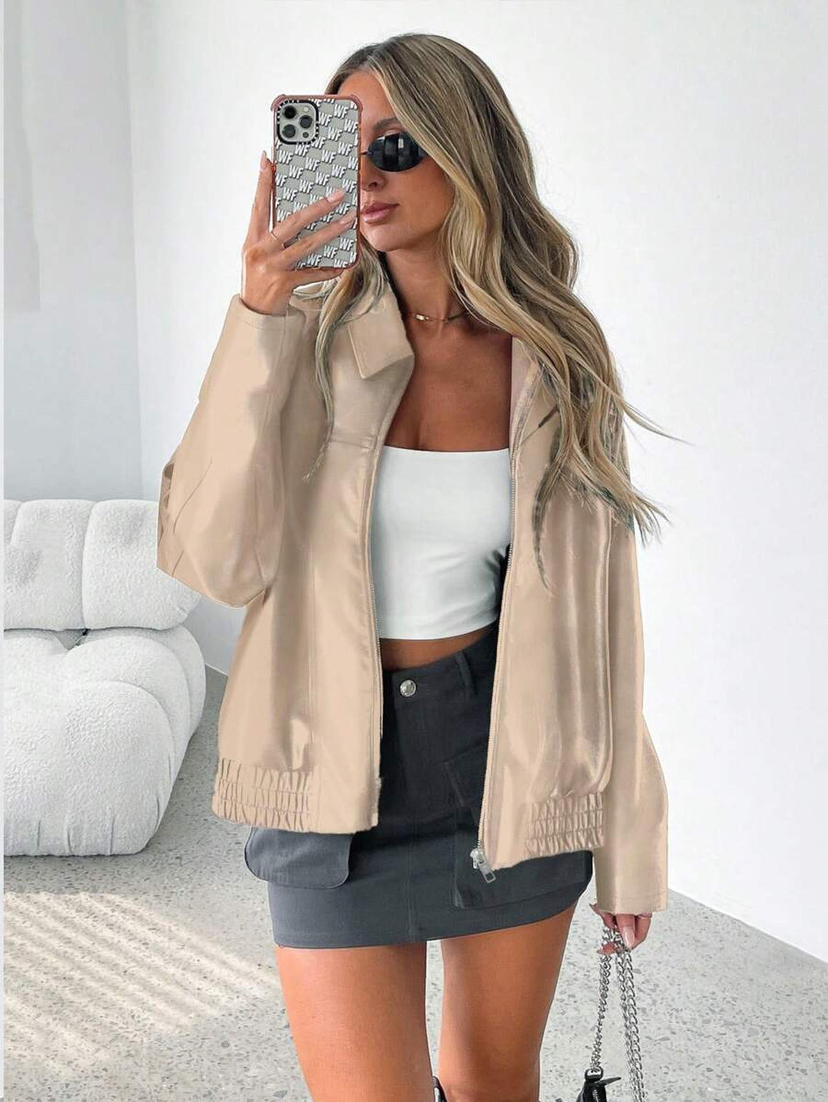 Oversized Vegan Leather Jacket with Gathered Hem 7