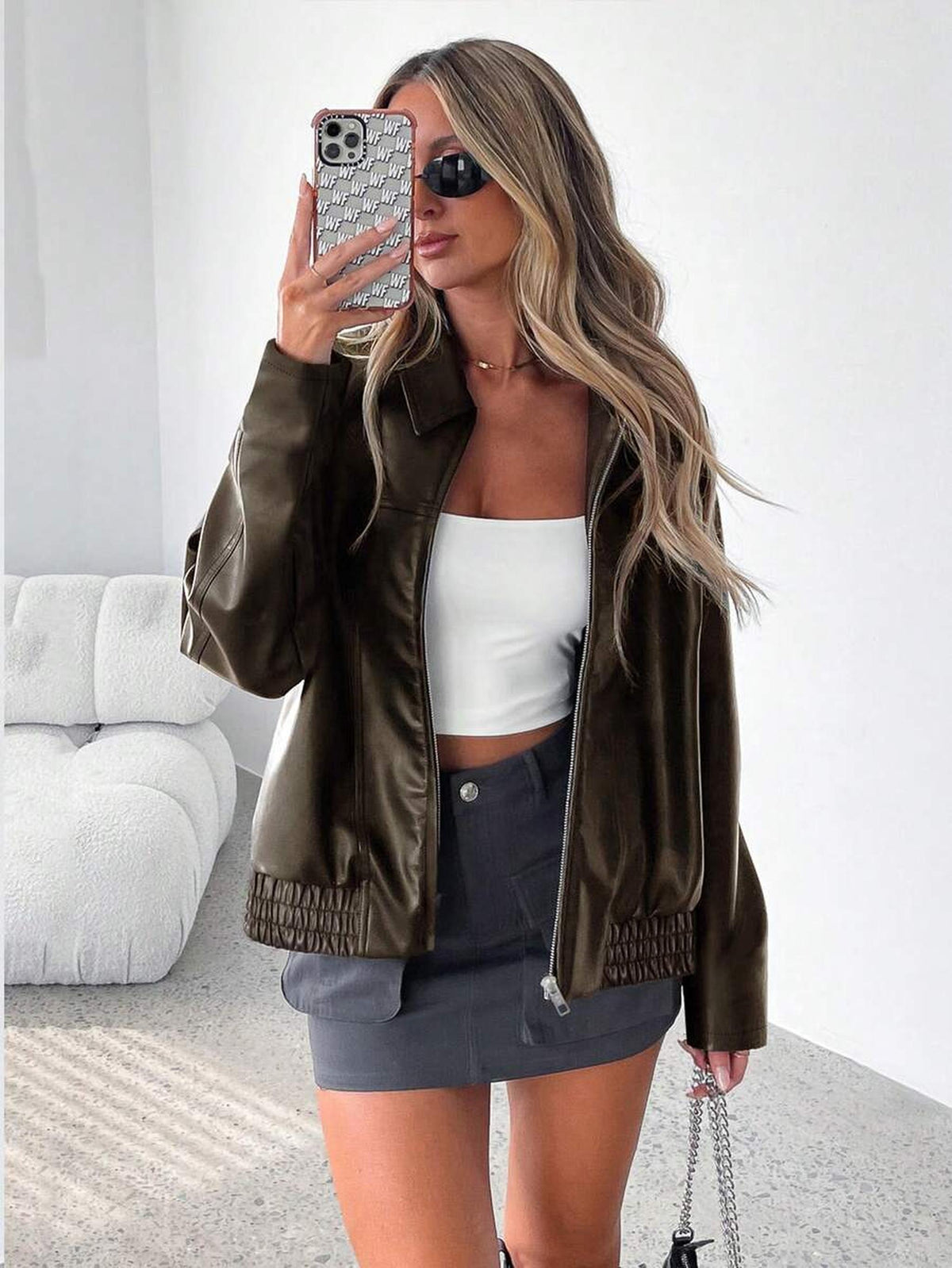 Oversized Vegan Leather Jacket with Gathered Hem 8