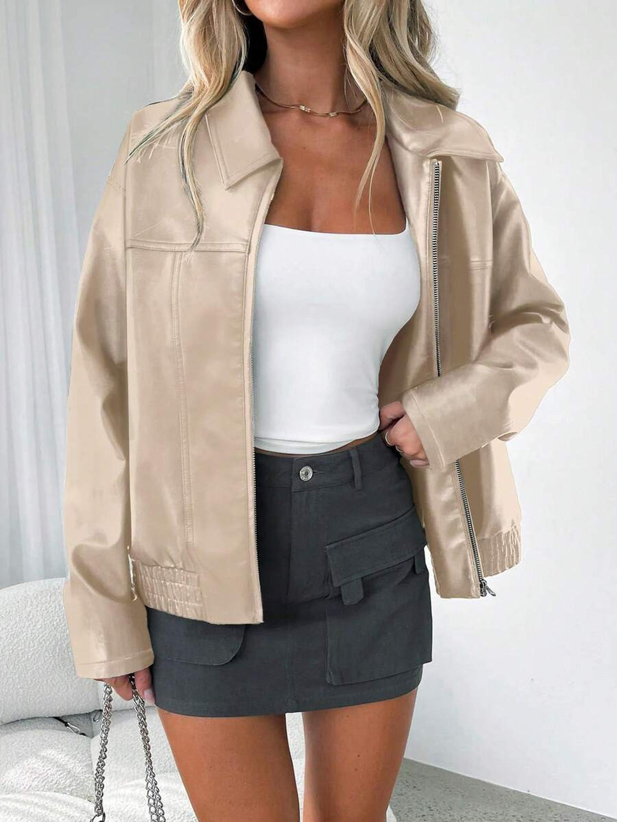 Oversized Vegan Leather Jacket with Gathered Hem 5