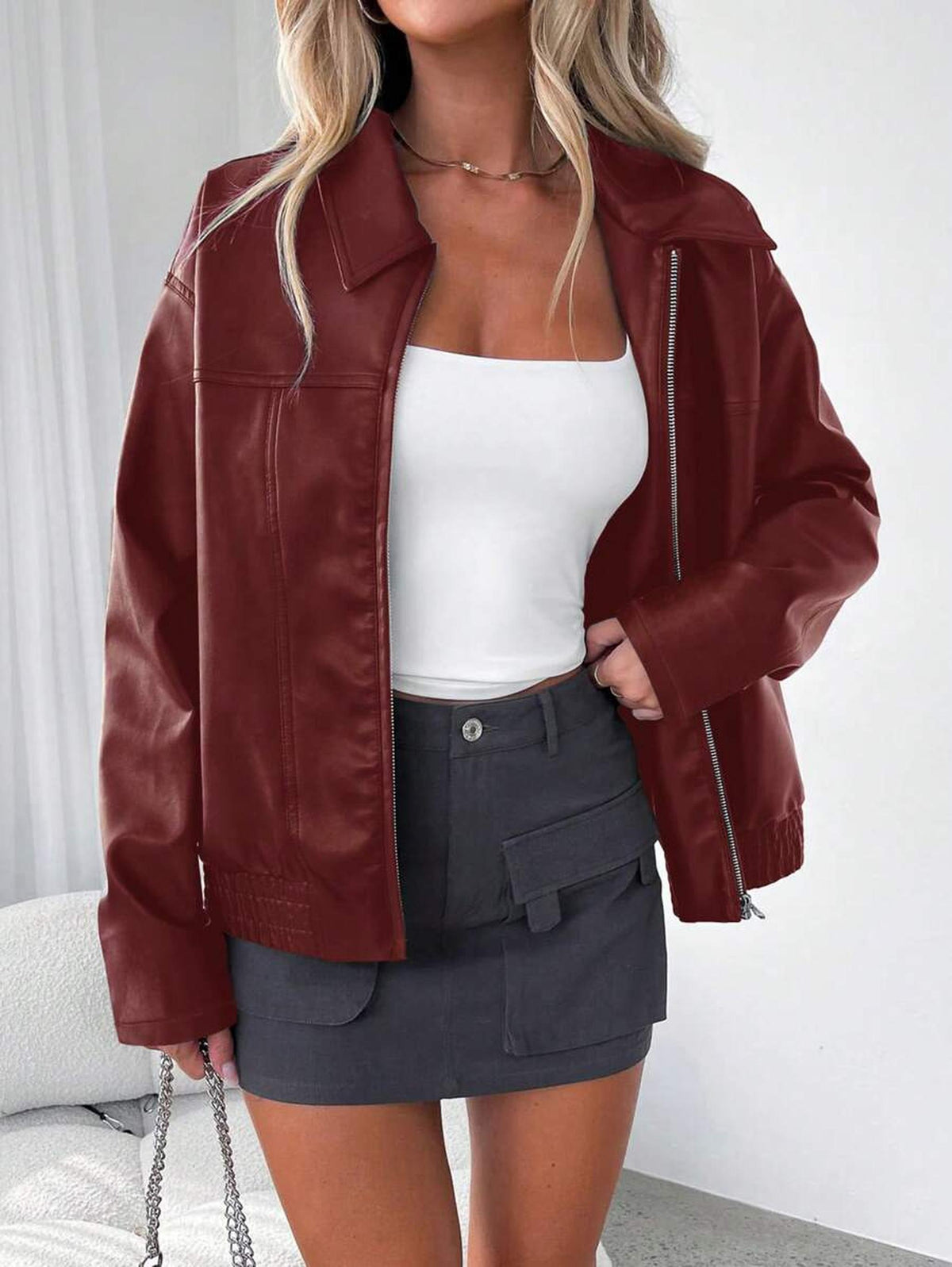 Oversized Vegan Leather Jacket with Gathered Hem 3