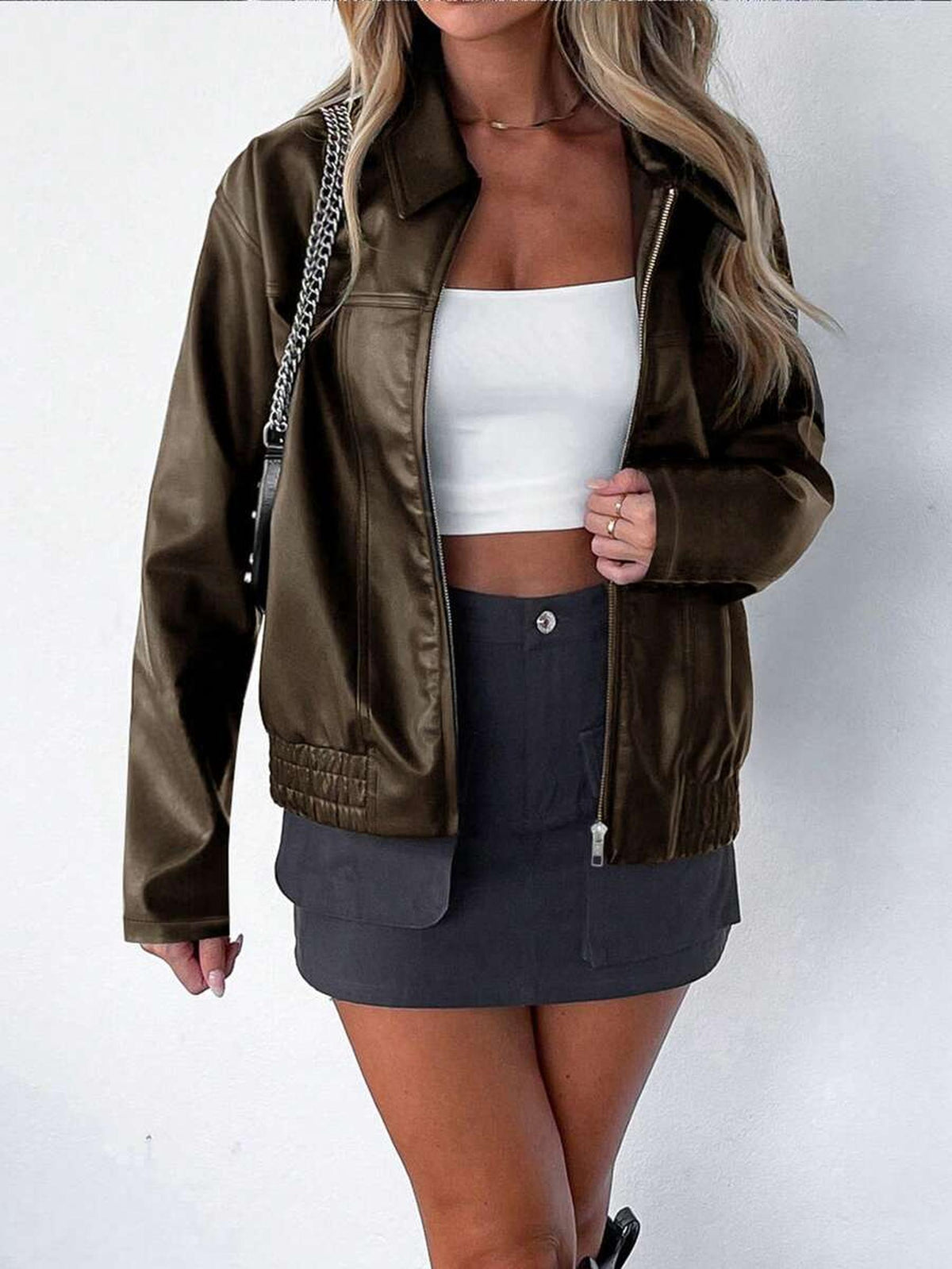 Oversized Vegan Leather Jacket with Gathered Hem 10