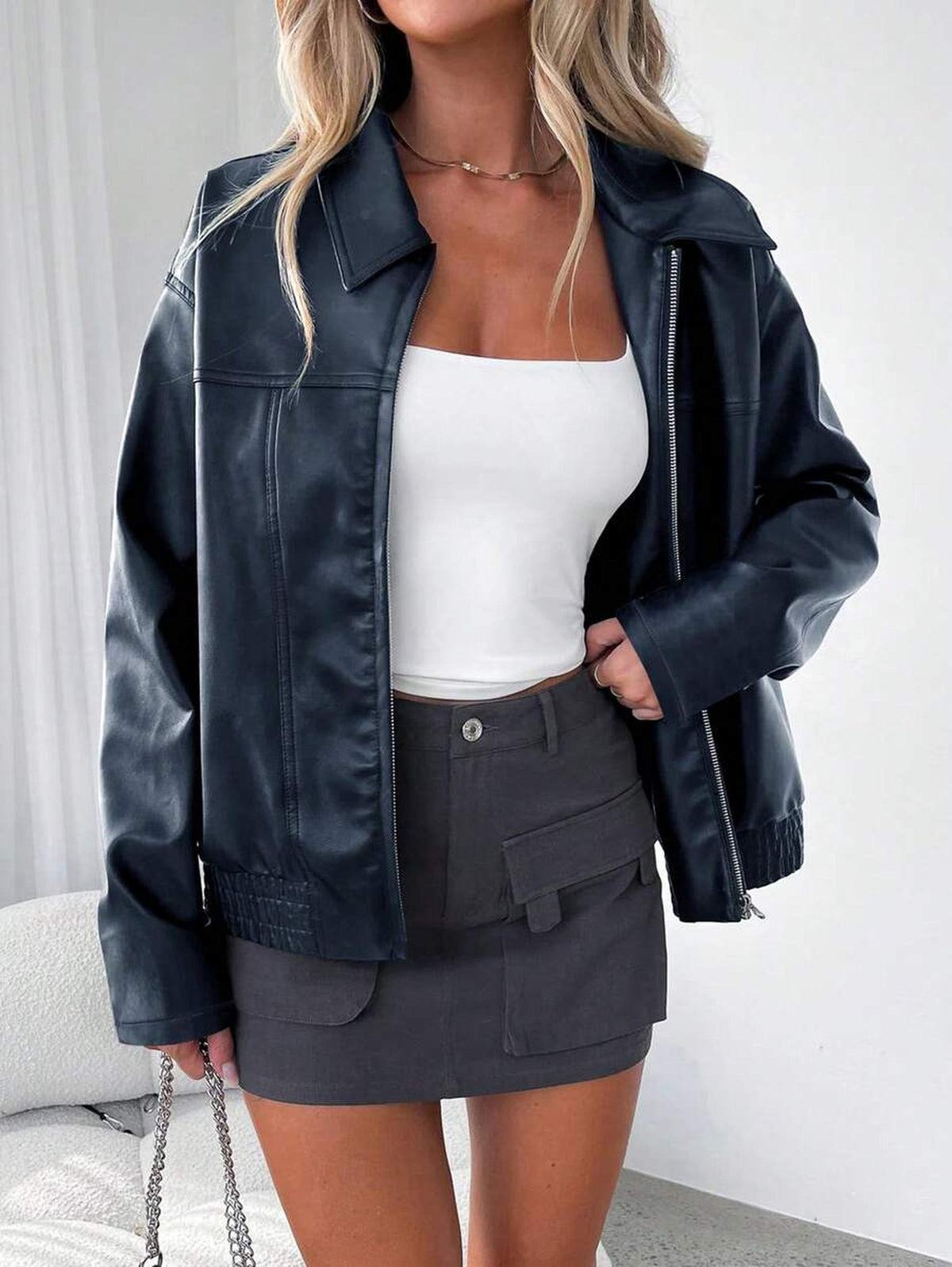 Oversized Vegan Leather Jacket with Gathered Hem 9