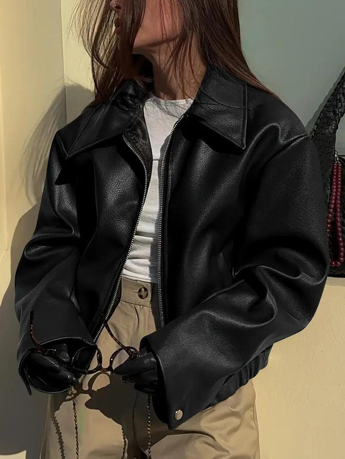 Oversized Vegan Leather Jacket with Zip Front 2