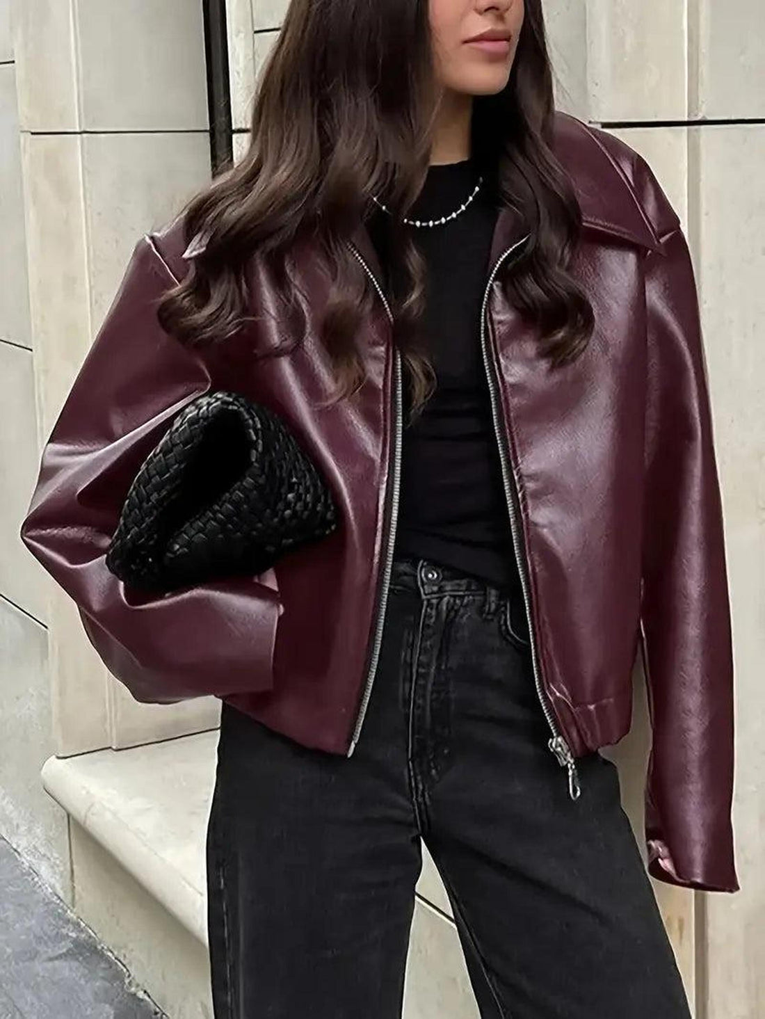 Oversized Vegan Leather Jacket with Zip Front 0