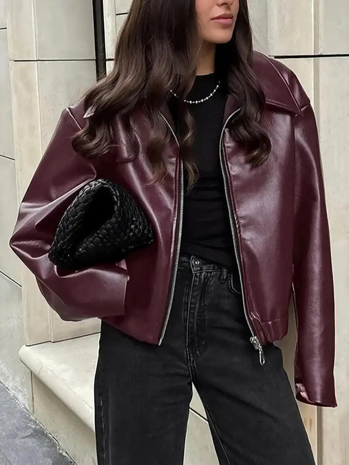 Oversized Vegan Leather Jacket with Zip Front 0