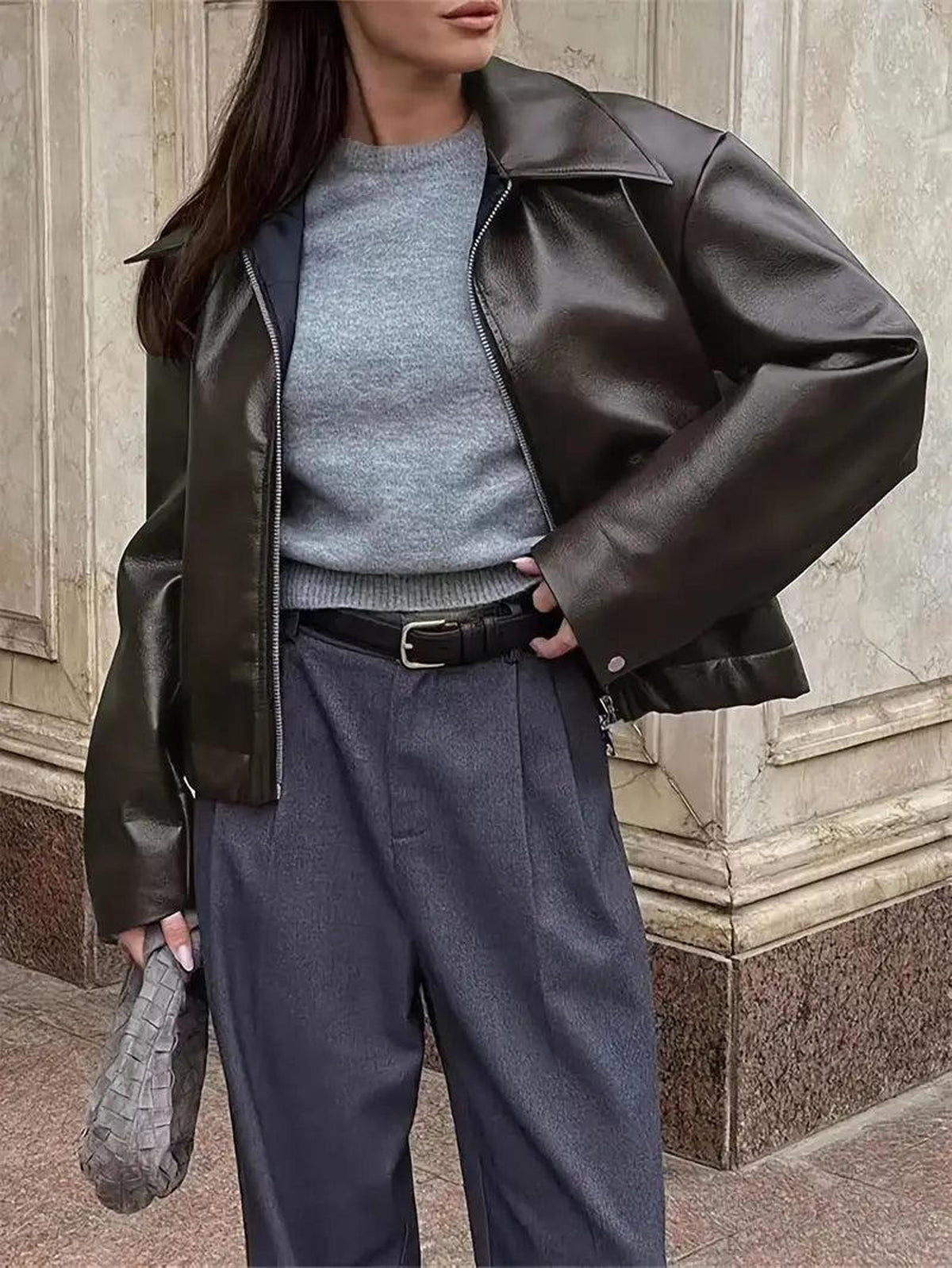 Oversized Vegan Leather Jacket with Zip Front 6