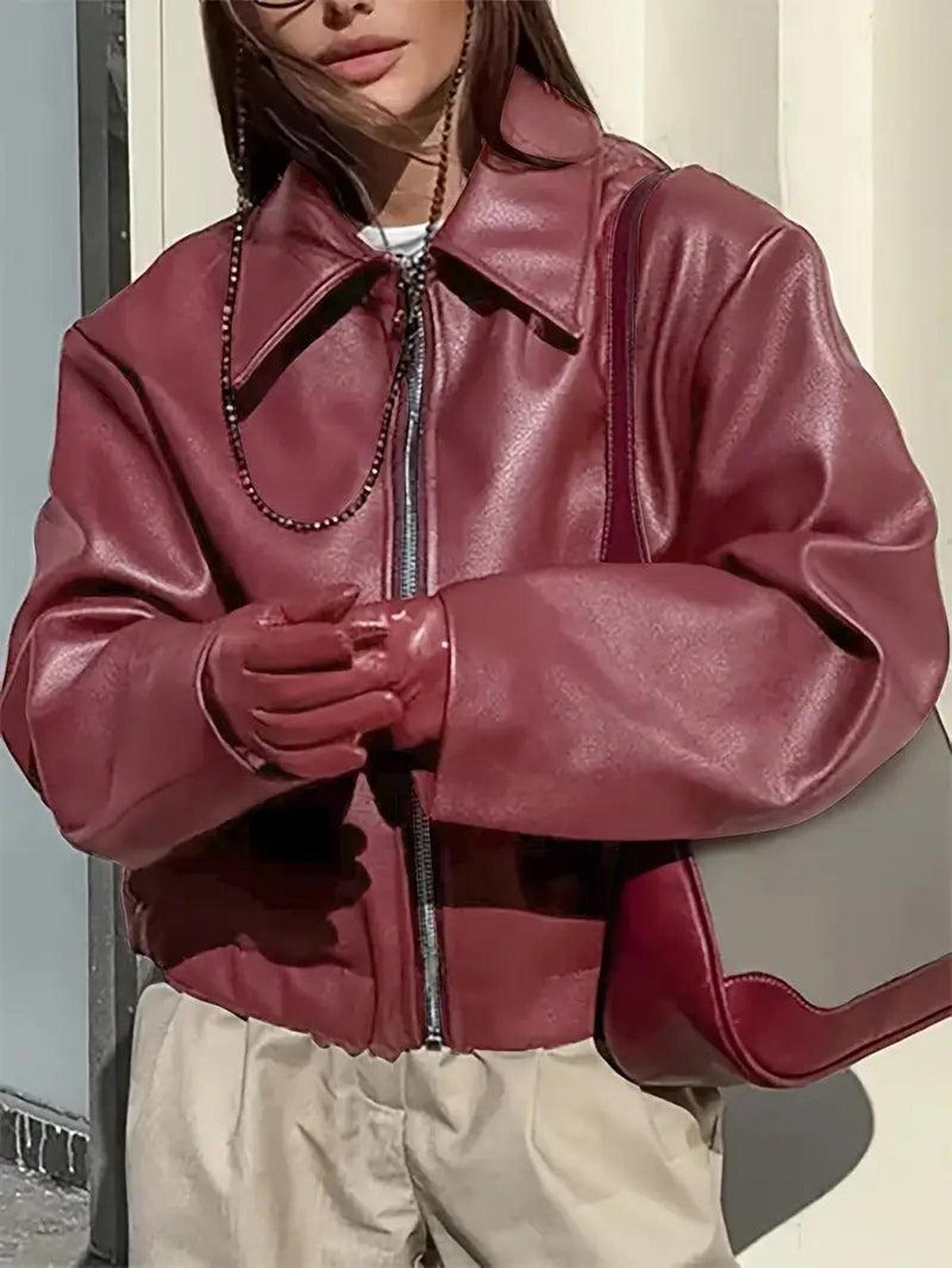 Oversized Vegan Leather Jacket with Zip Front 4