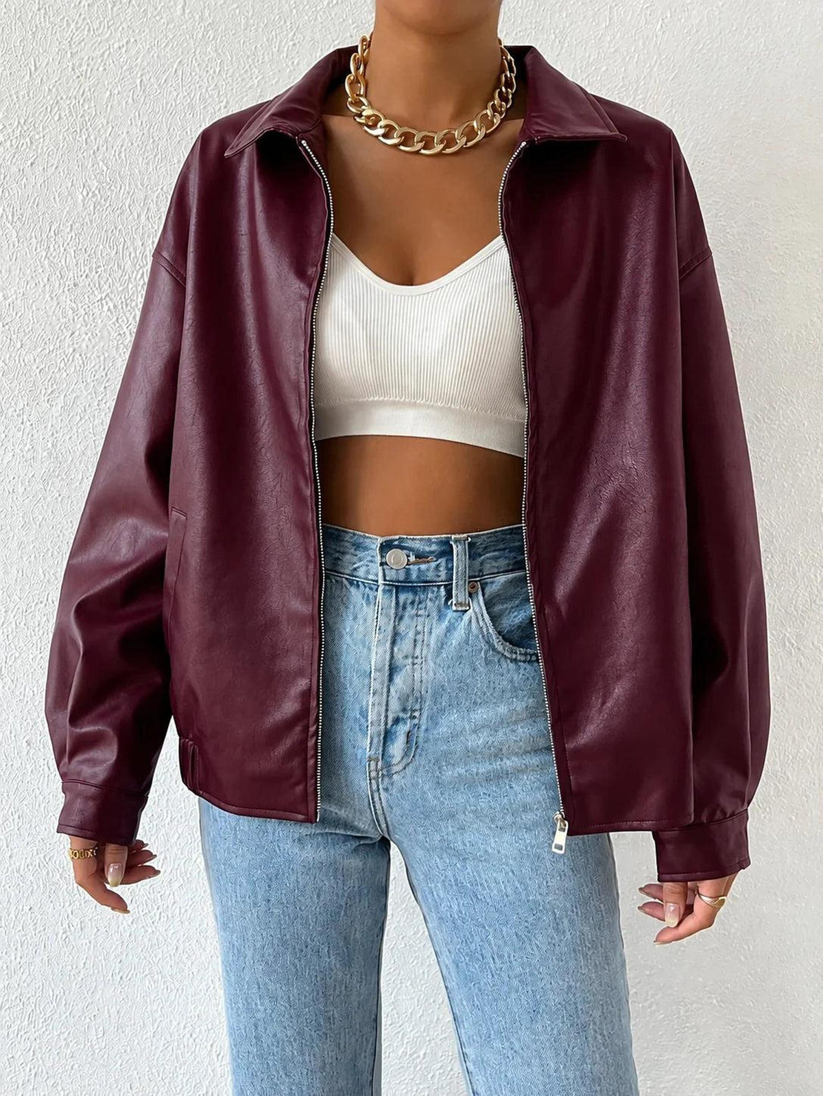 Oversized Women's Jacket in Vegan Leather with Drop Shoulder Design 4