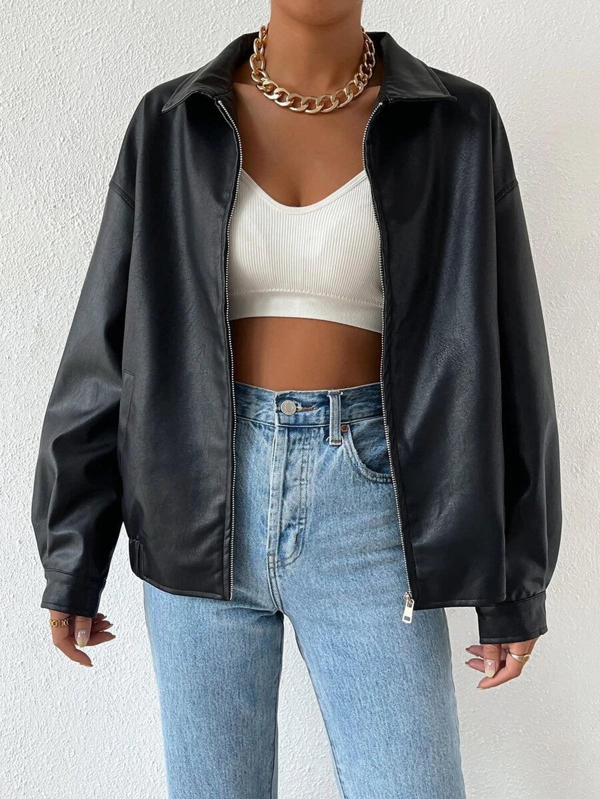 Oversized Women's Jacket in Vegan Leather with Drop Shoulder Design 0