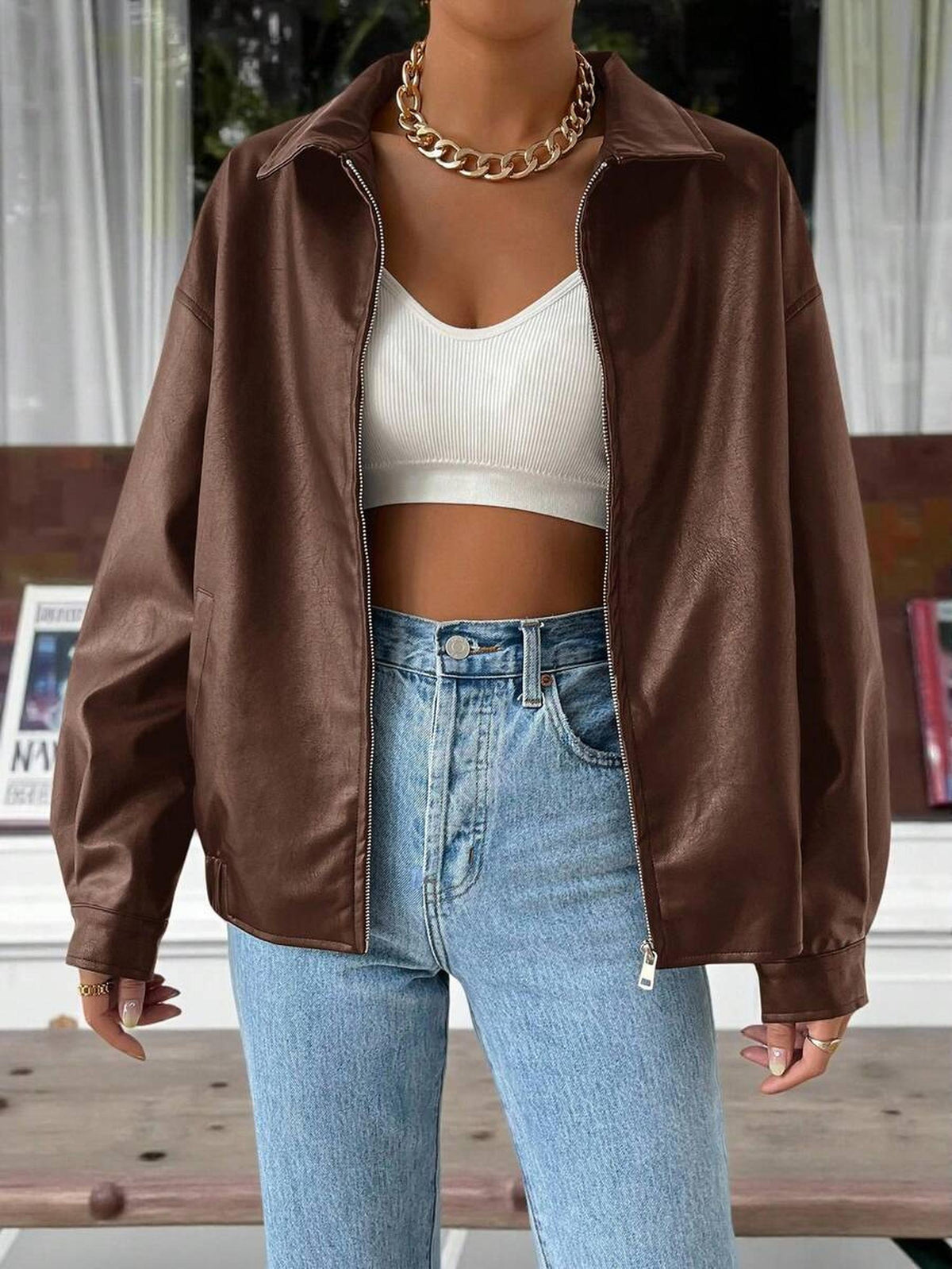 Oversized Women's Jacket in Vegan Leather with Drop Shoulder Design 6