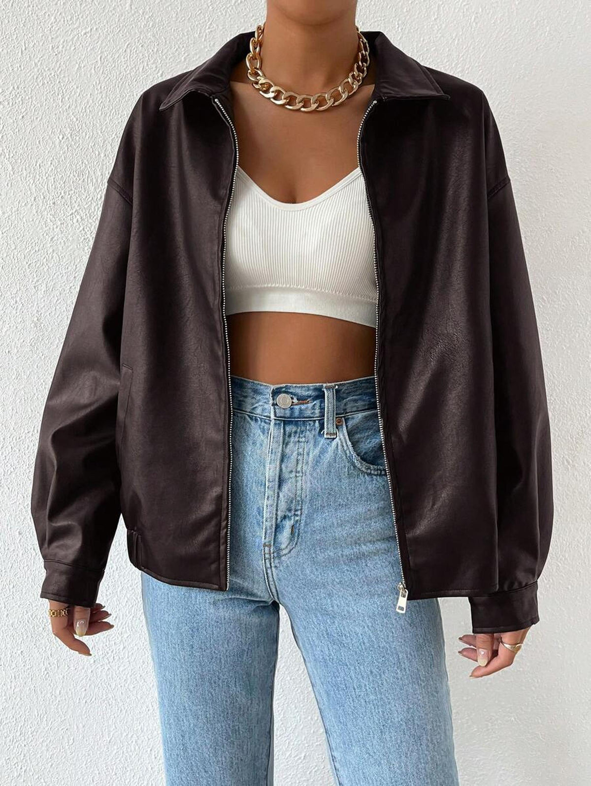 Oversized Women's Jacket in Vegan Leather with Drop Shoulder Design 2