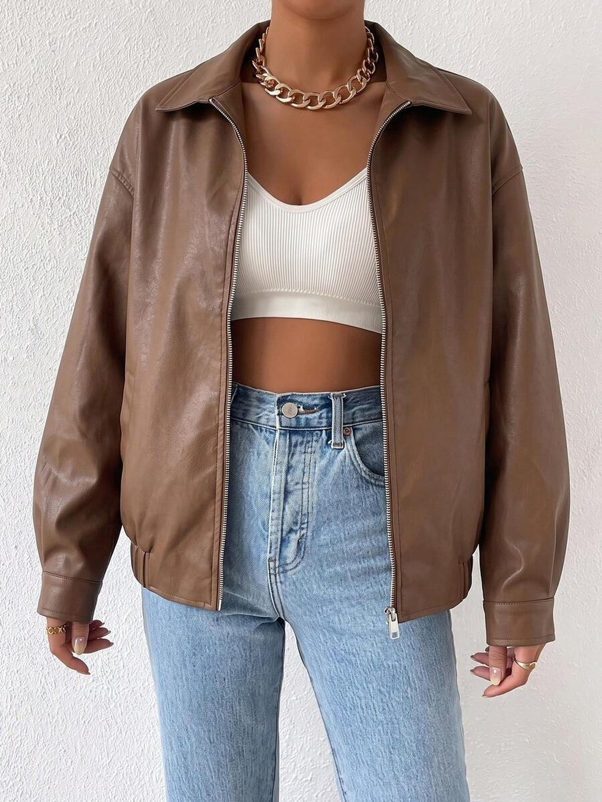 Oversized Women's Jacket in Vegan Leather with Drop Shoulder Design 8