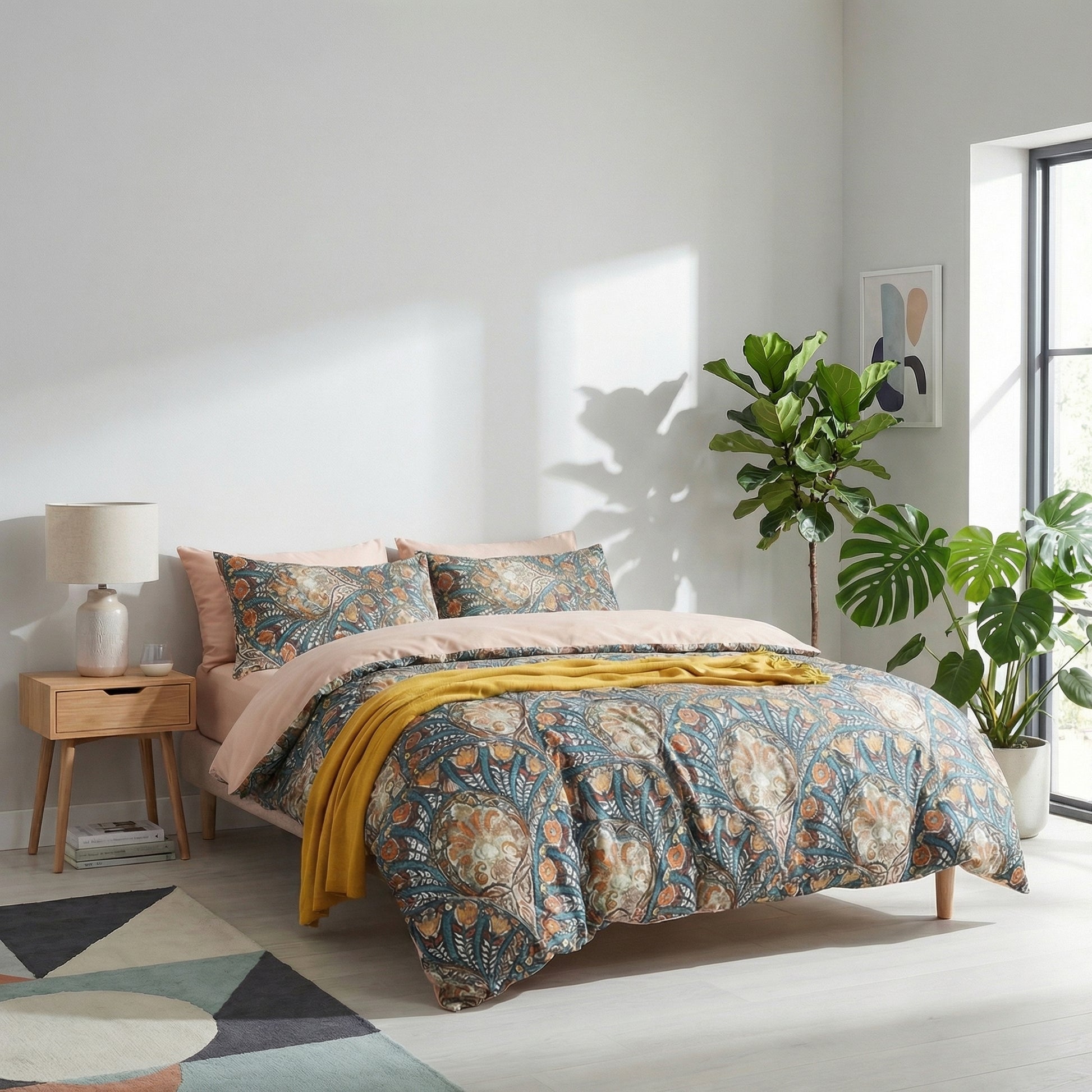 Peacock Tail Bedding Set with navy, burnt orange, ochre, and teal peacock feather and botanical motifs on Egyptian cotton.
