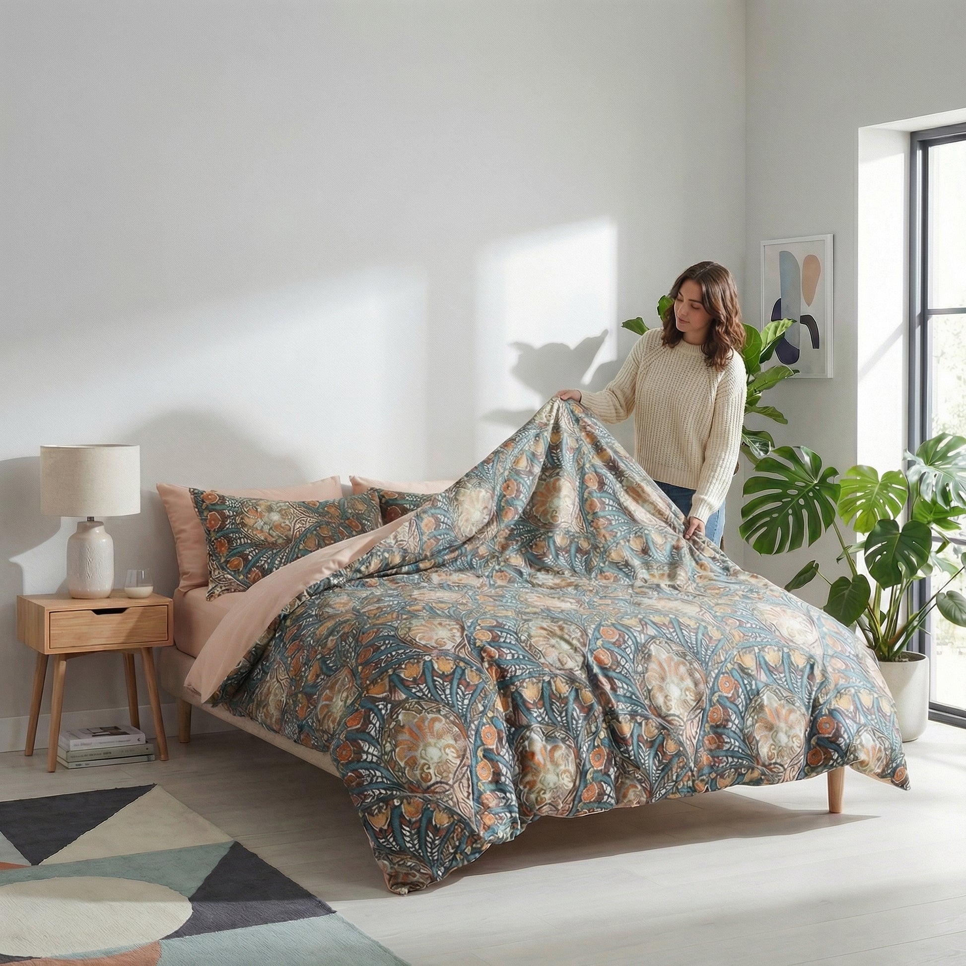Peacock Tail Bedding Set with navy, burnt orange, ochre, and teal botanical motifs on Egyptian cotton.