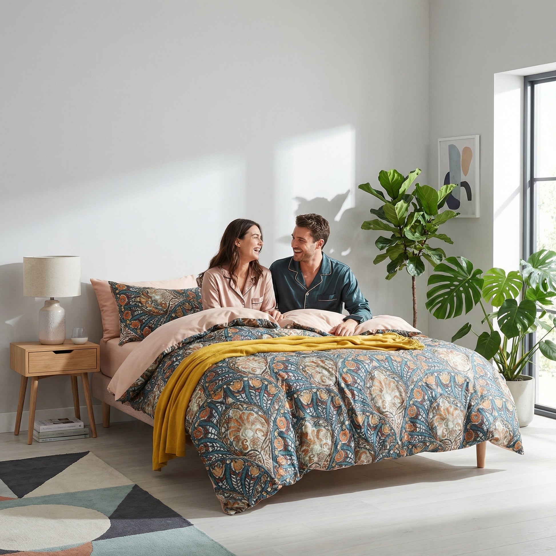 Couple on a bed with Peacock Tail bedding: navy, burnt orange, ochre, teal botanical motifs, blush reverse, yellow throw.