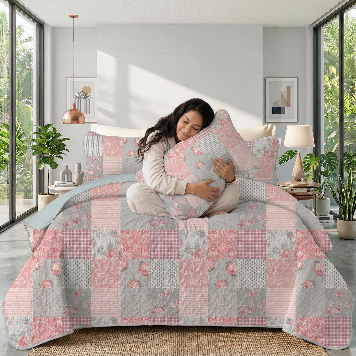 Pink flowers printed quilt set with two pillowcases, soft microfiber bedding.