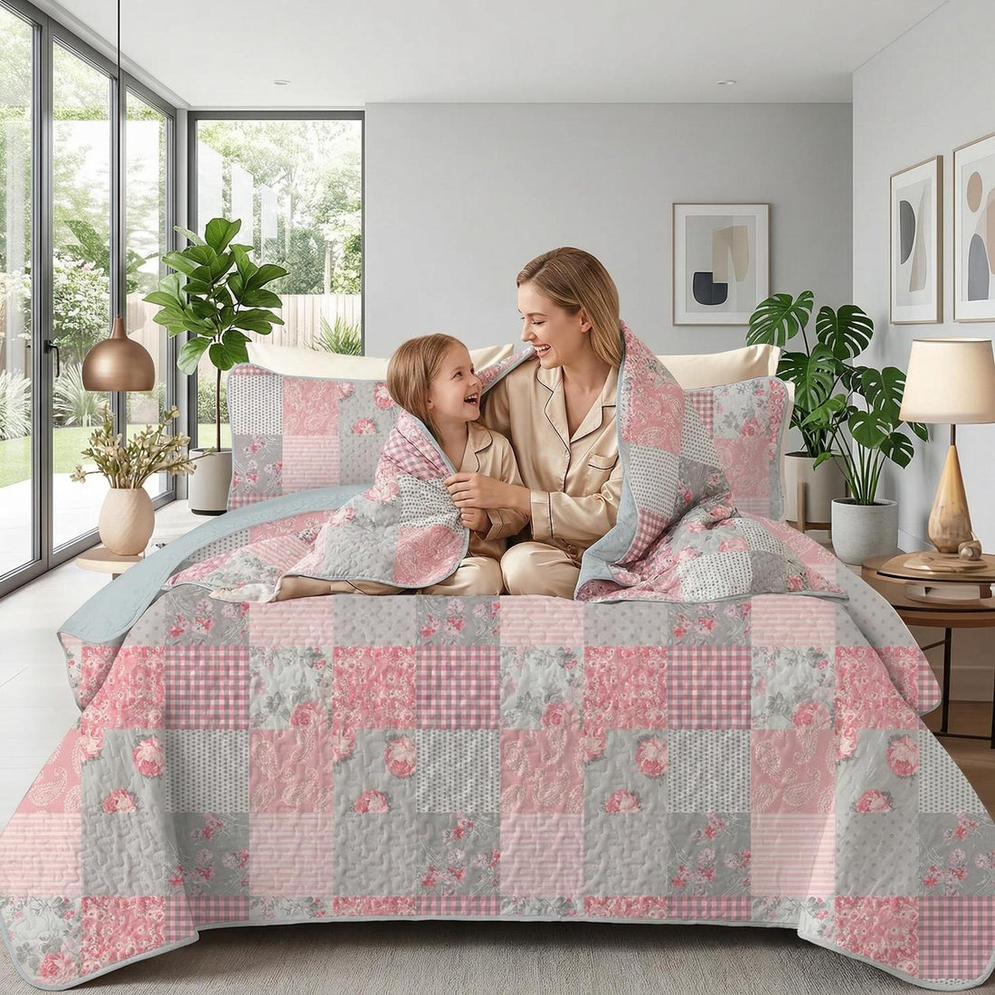 Pink flowers printed microfiber quilt set for twin bed.