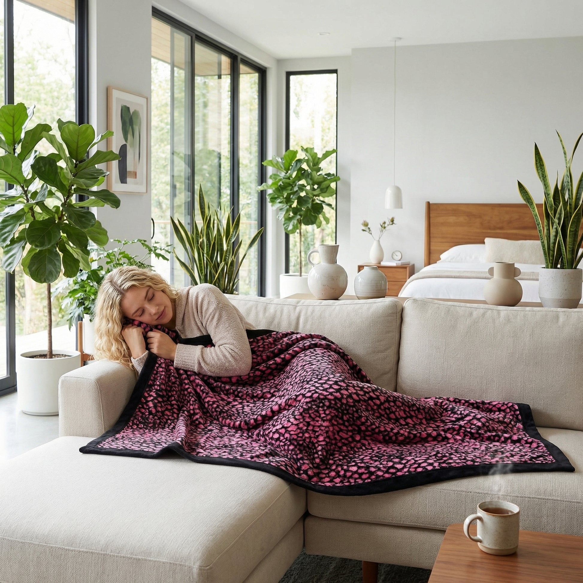 Blonde woman napping on a beige sectional sofa, covered by a soft pink leopard print plush blanket.